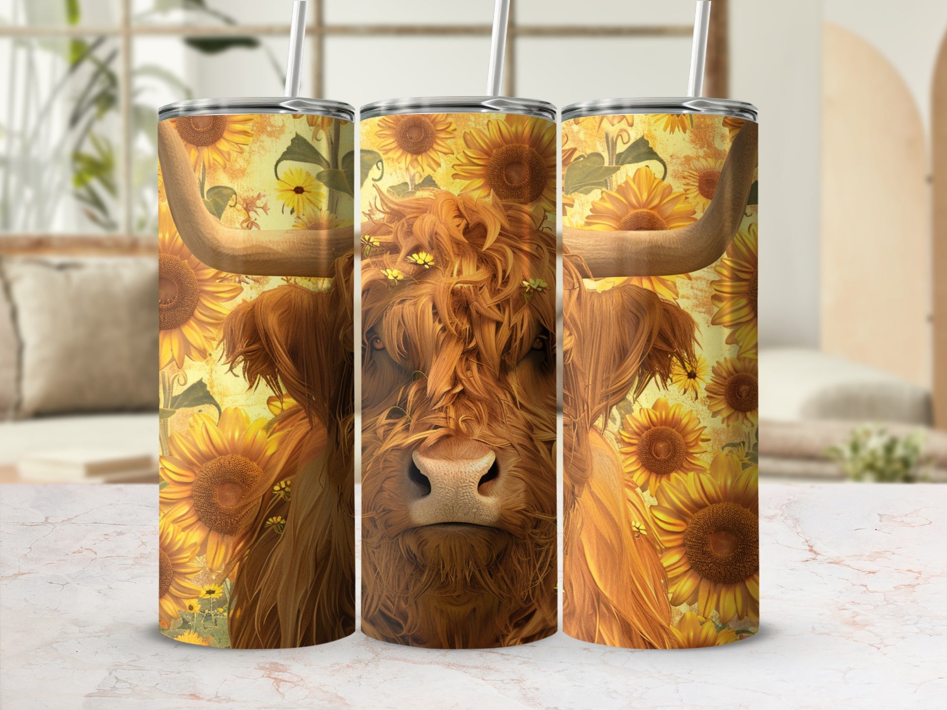 Highland cow with sunflowers on a tumbler.