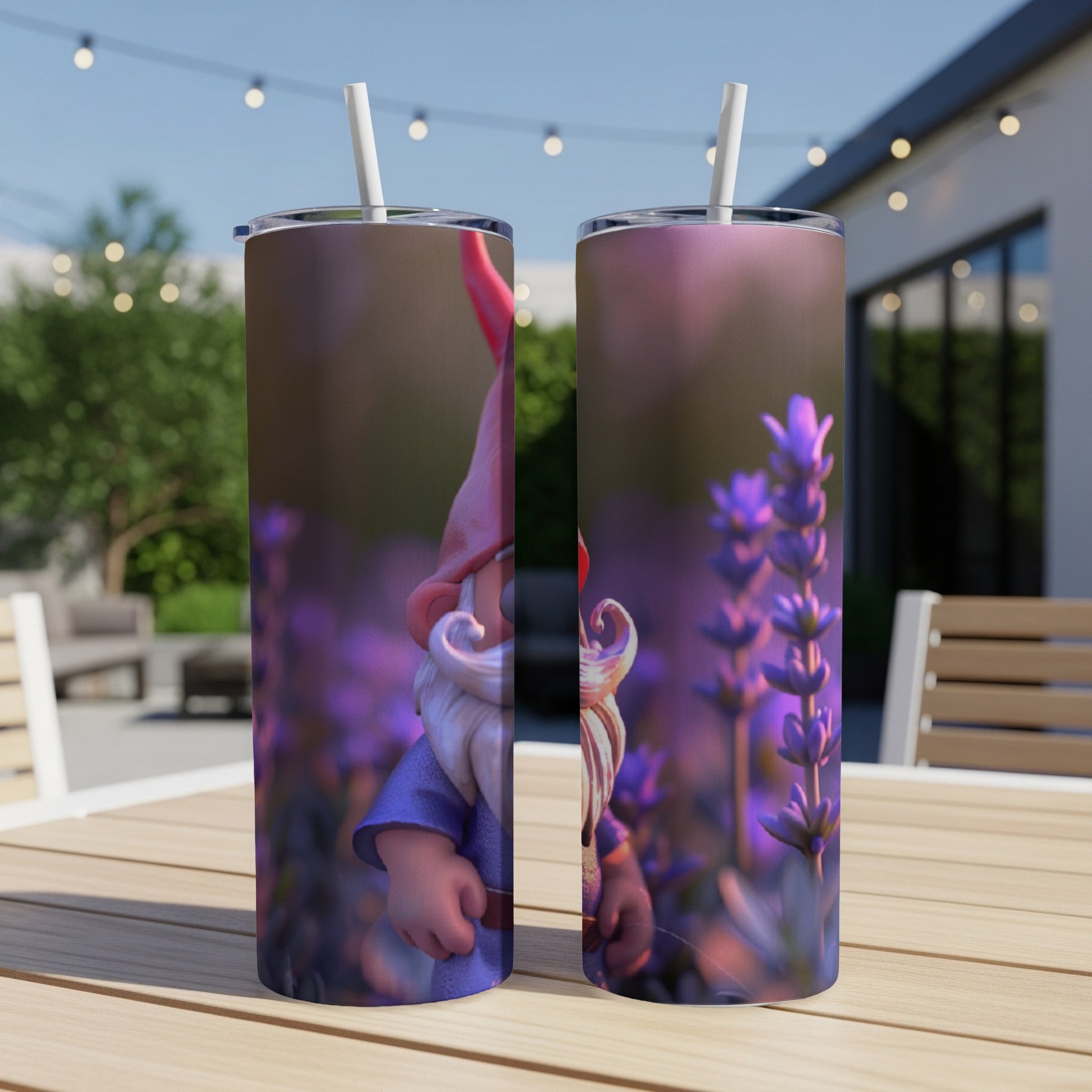 Two tumblers with a garden gnome and lavender illustration.