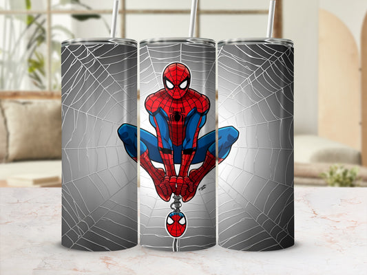 Spider-Man perched on a web, with web pattern background.