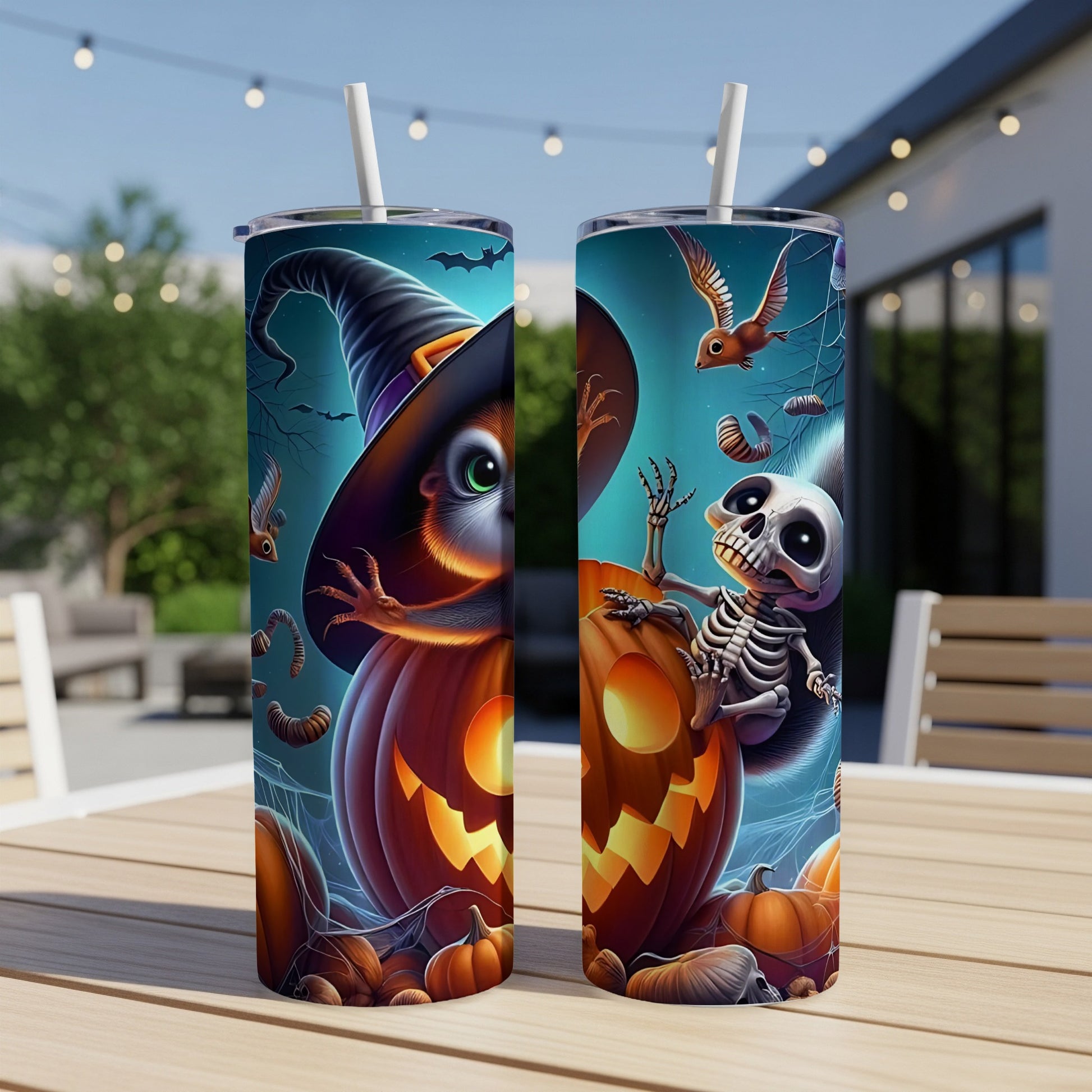 Two Halloween-themed tumblers featuring a squirrel witch and a skeleton on pumpkins.
