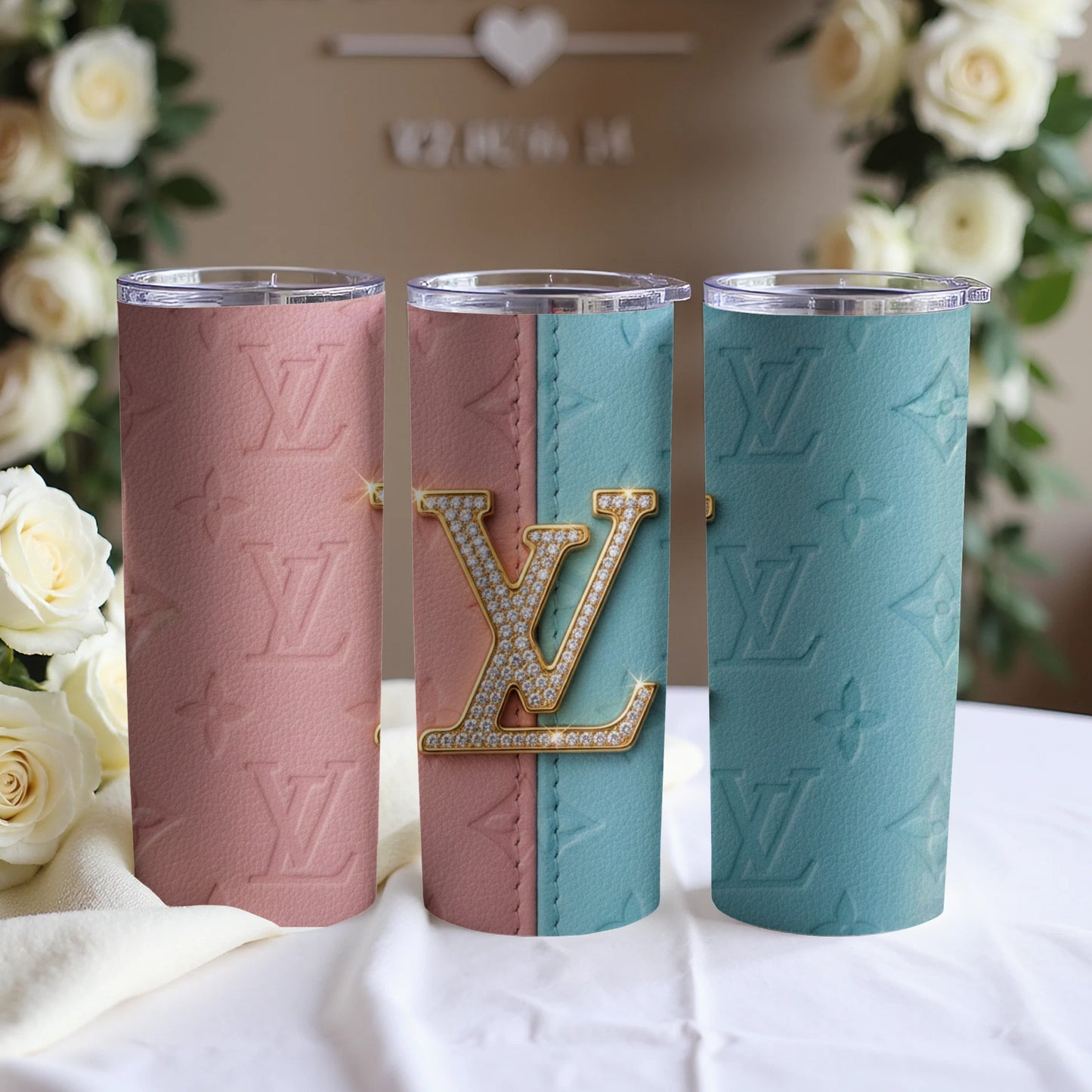 Elegant Pink and Blue Monogram Tumblers Set of Three