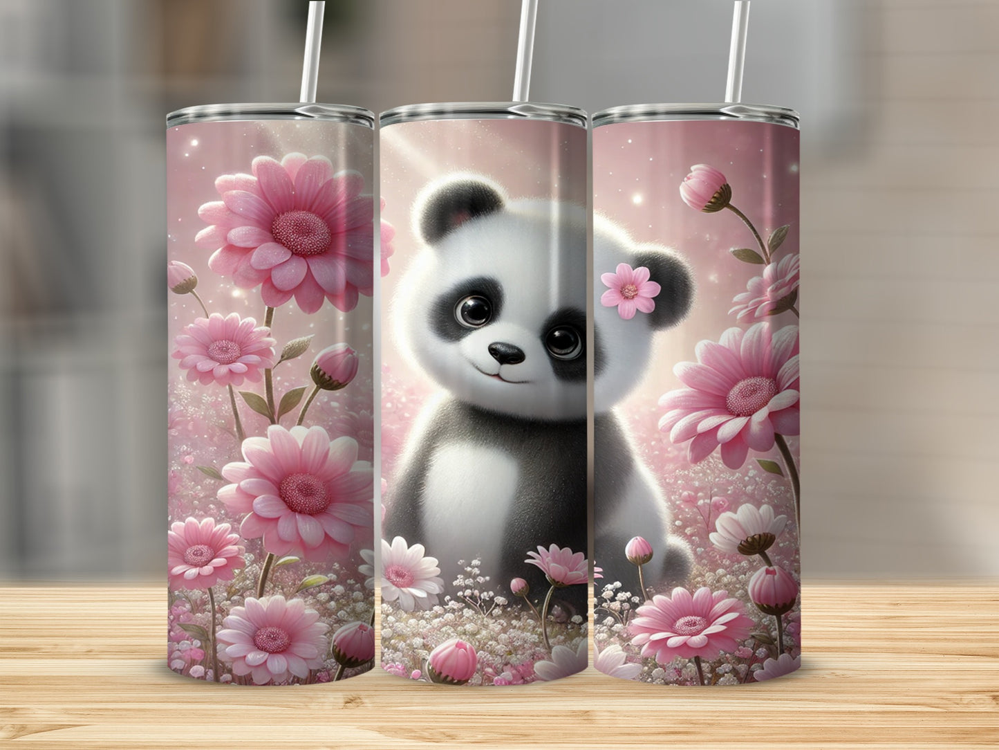 Cute Panda with Pink Flowers Tumbler for Kids Gift