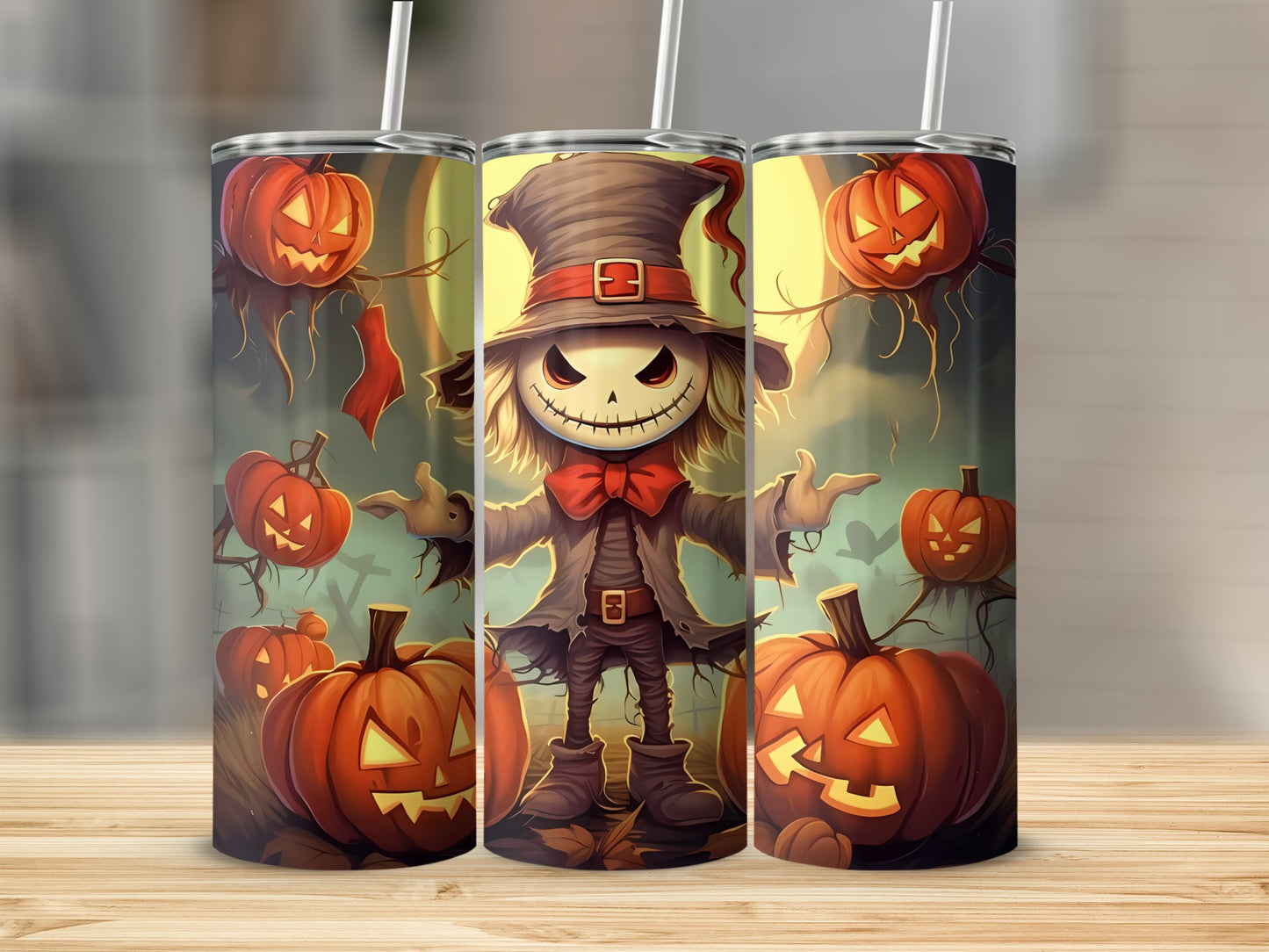 Three tumblers featuring a spooky scarecrow and jack-o'-lanterns on a dark, eerie background.