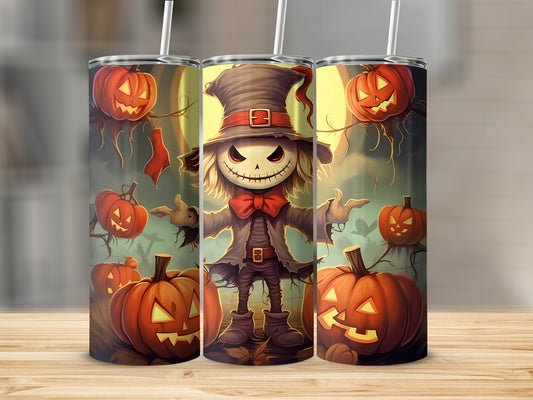 Three tumblers featuring a spooky scarecrow and jack-o'-lanterns on a dark, eerie background.