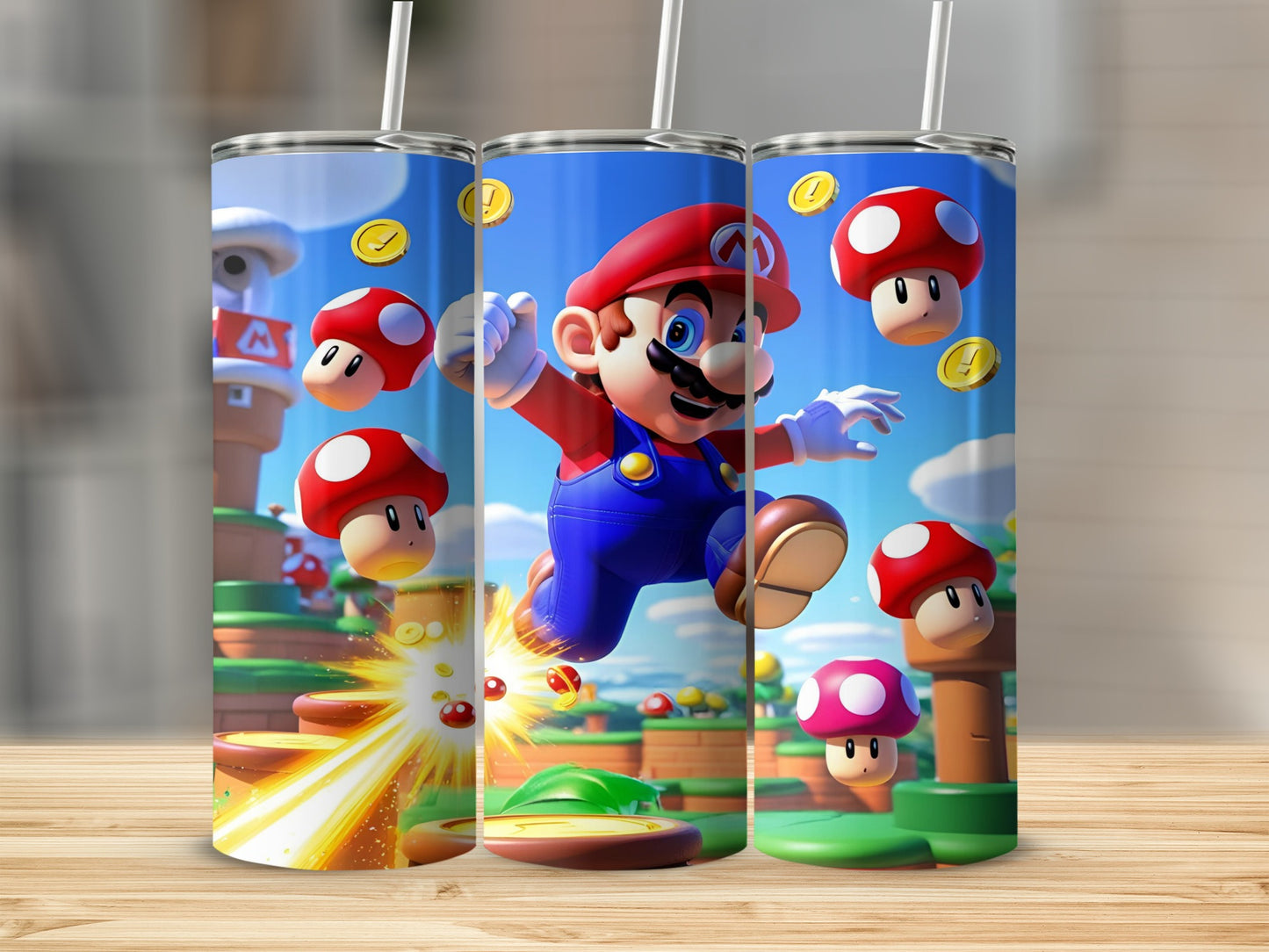 Super Mario jumping with question blocks and mushrooms in a video game landscape.