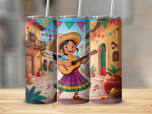 Cartoon girl in a sombrero playing guitar on a festive street.