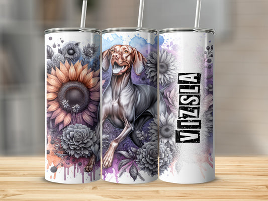 Vizsla tumbler with sunflowers and floral watercolor accents.