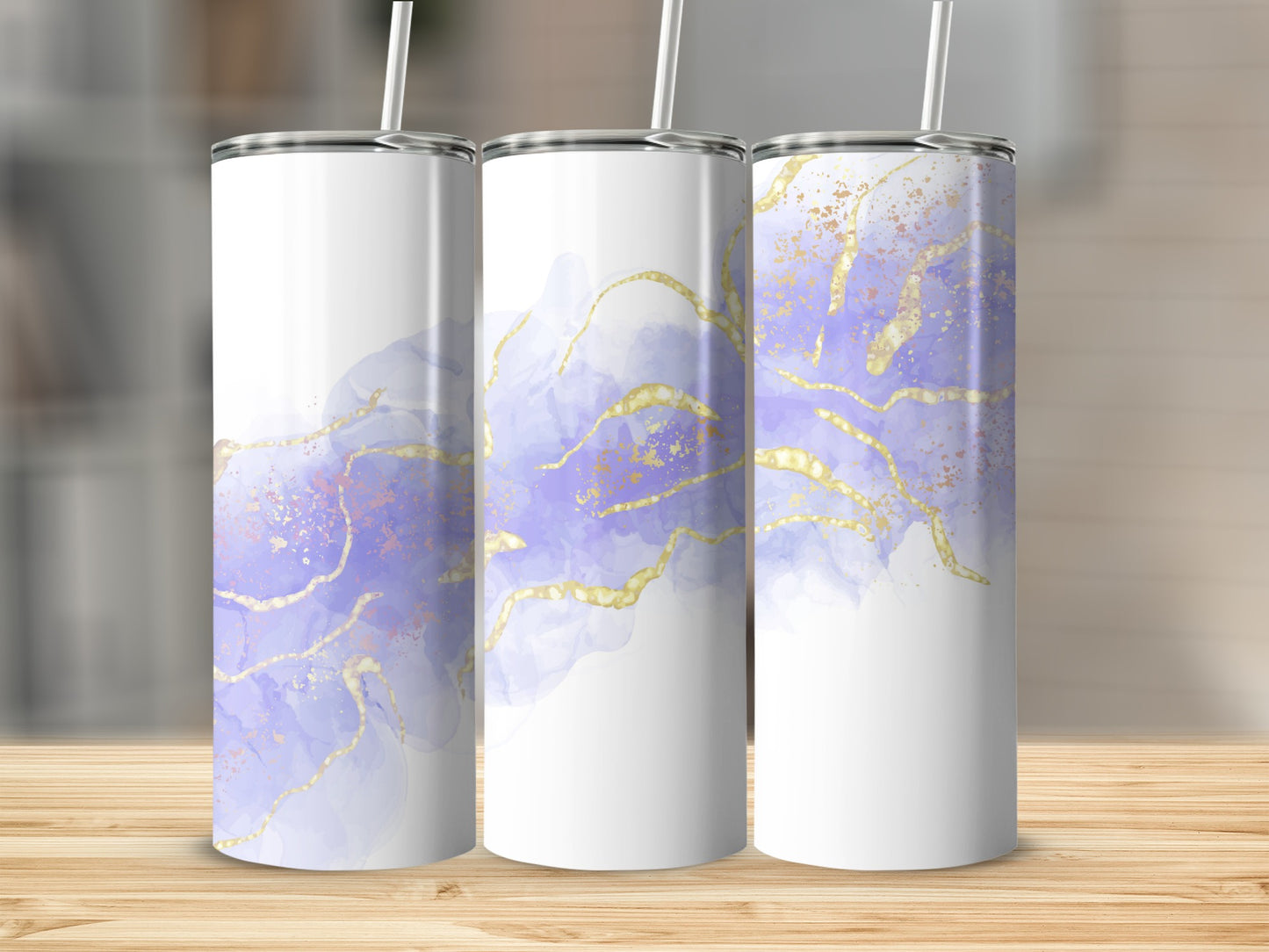 Three white tumblers with purple watercolor and gold splatter design.