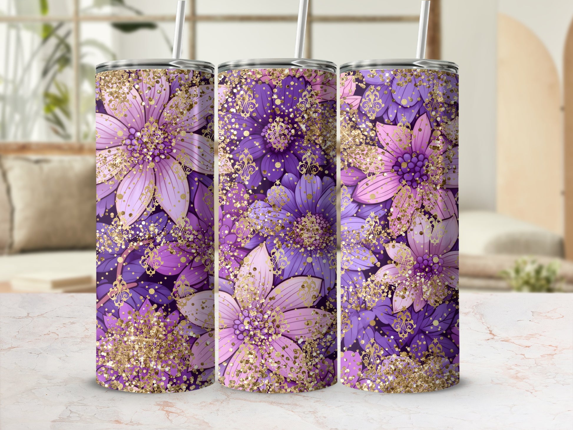 Purple and Gold Floral Pattern Tumbler with Lid