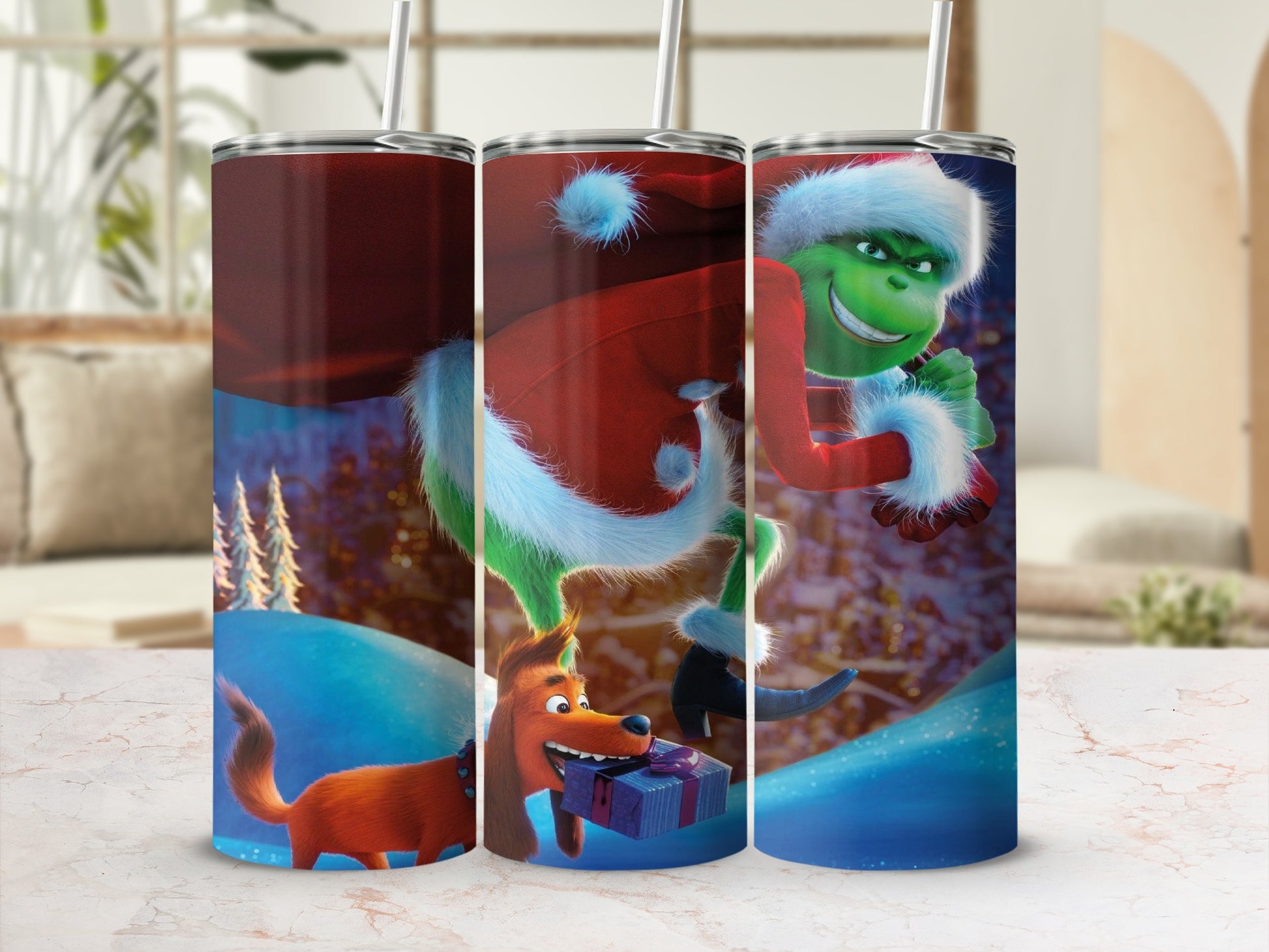 The Grinch stealing a gift with a dog in a snowy scene.