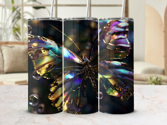 Iridescent butterfly design on three tumblers with straws.