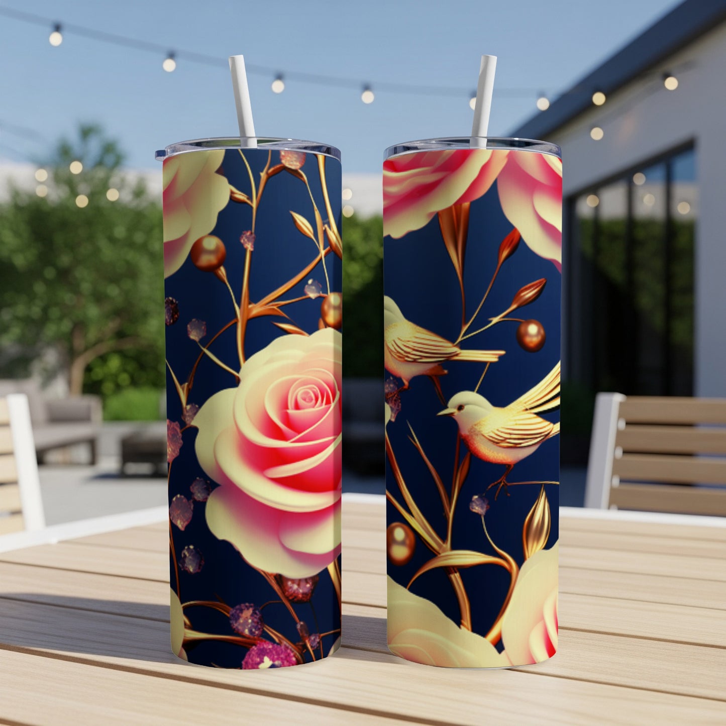 Two tumblers with floral and bird design on a table.