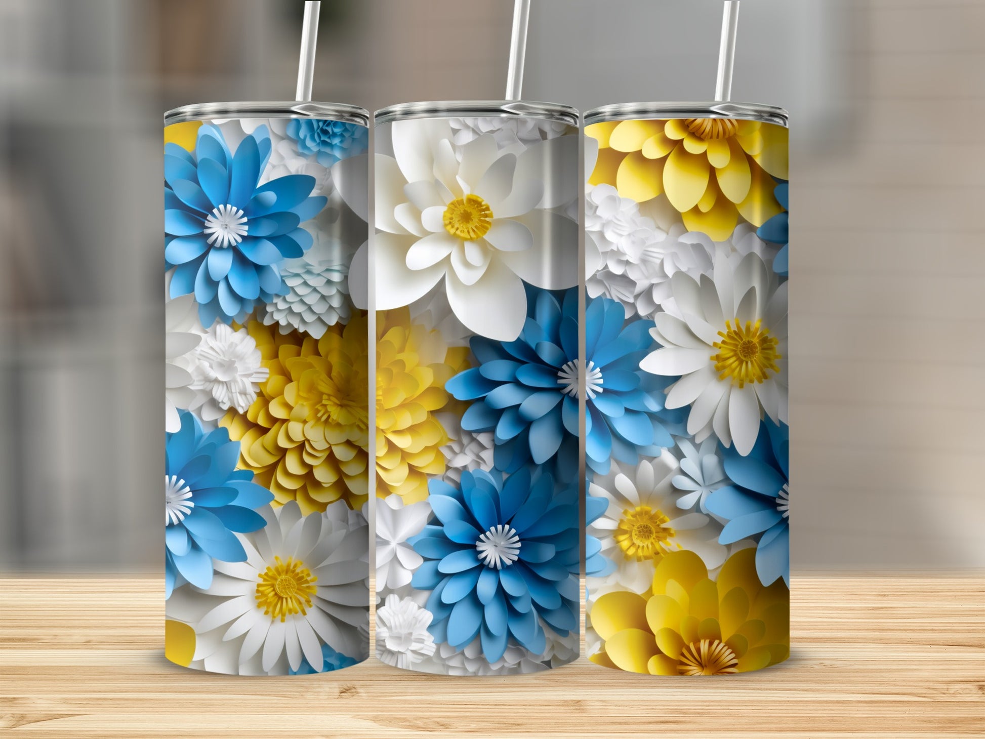 Colorful Floral Design with Blue and Yellow Flowers Tumbler