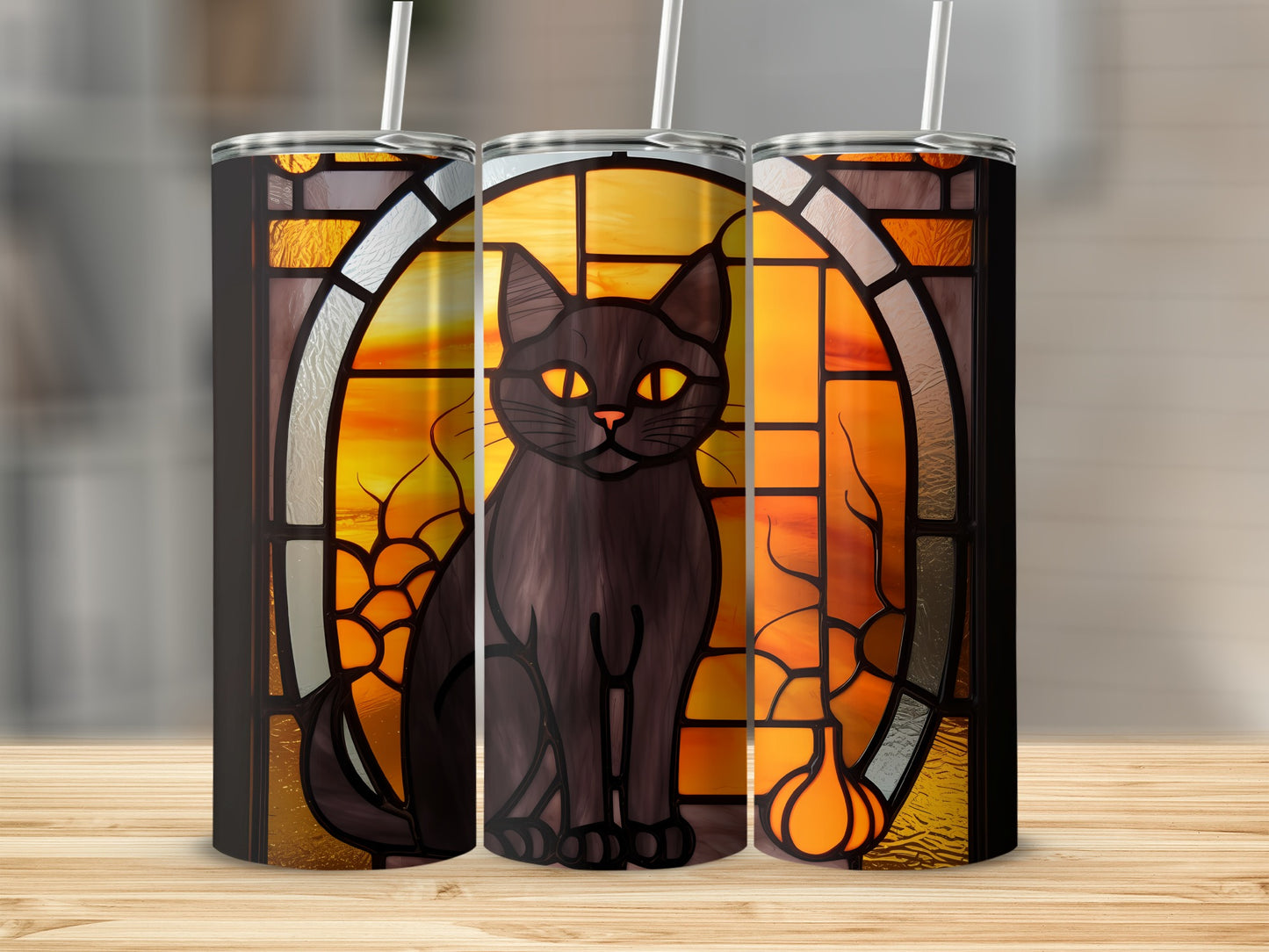 Black cat with yellow eyes in a stained glass window design on a tumbler.