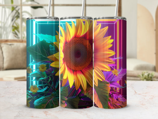 Three tumblers with sunflowers, glowing neon lights, and foliage.