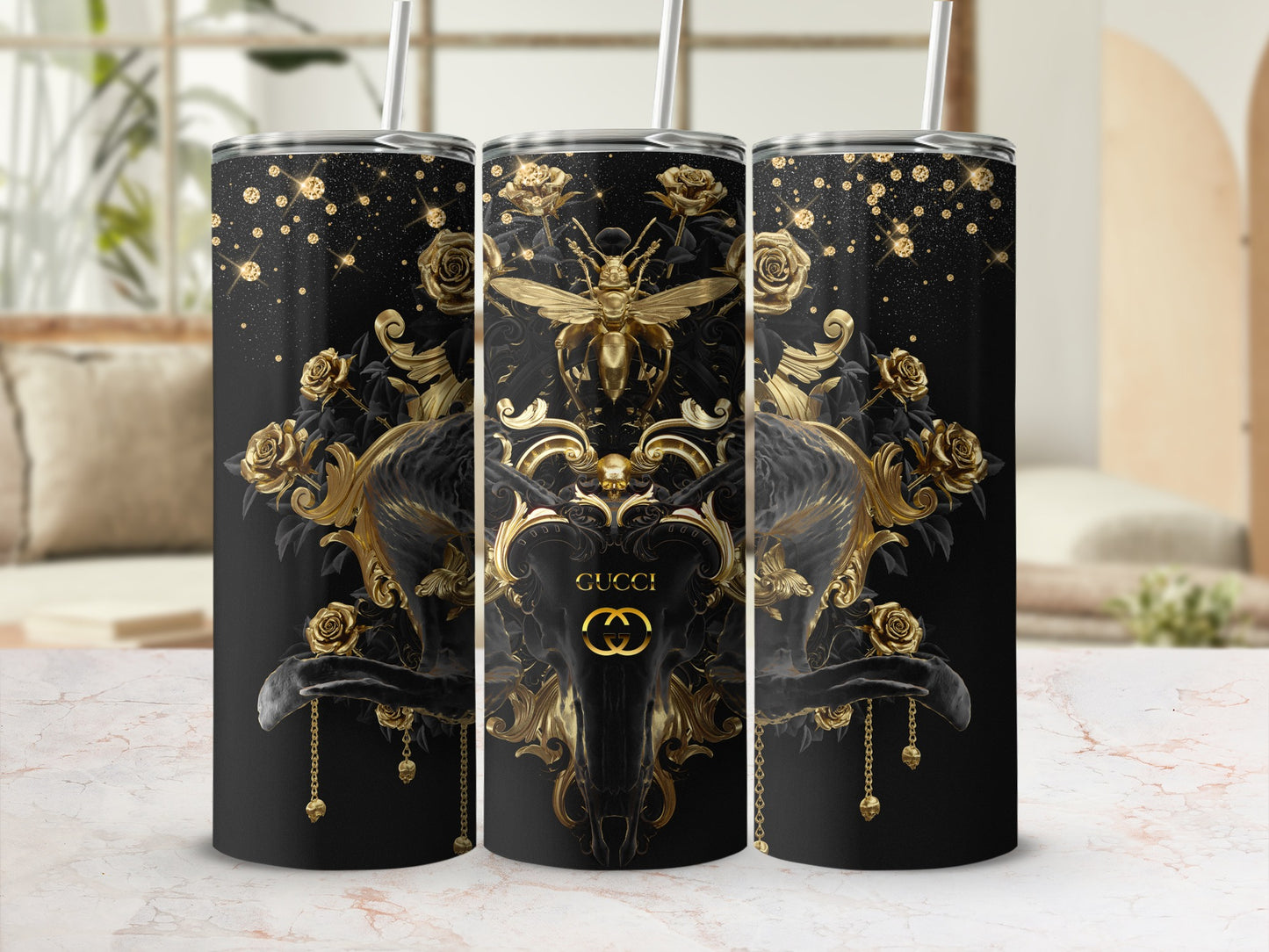 Elegant Golden Floral and Bee Design Stainless Tumbler
