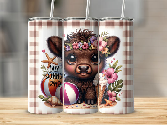Cute cartoon cow with flowers, beach ball, and ice cream.