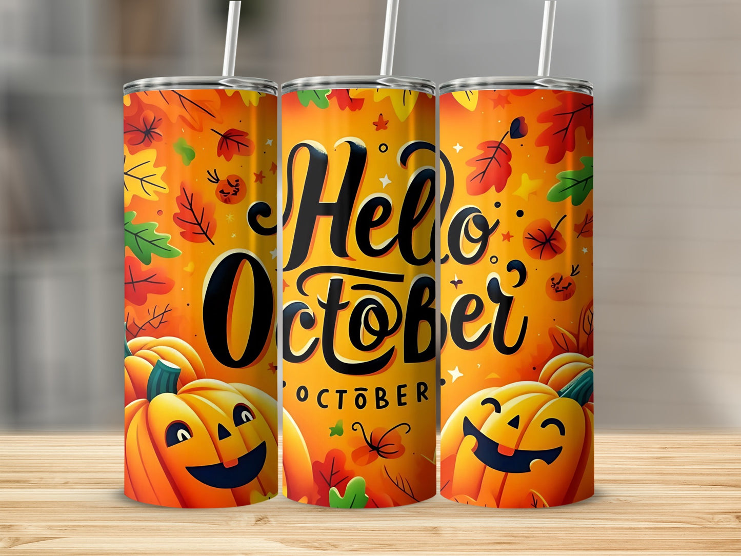 Three tumblers with "Hello October" text and Jack-o'-lanterns with fall leaves.