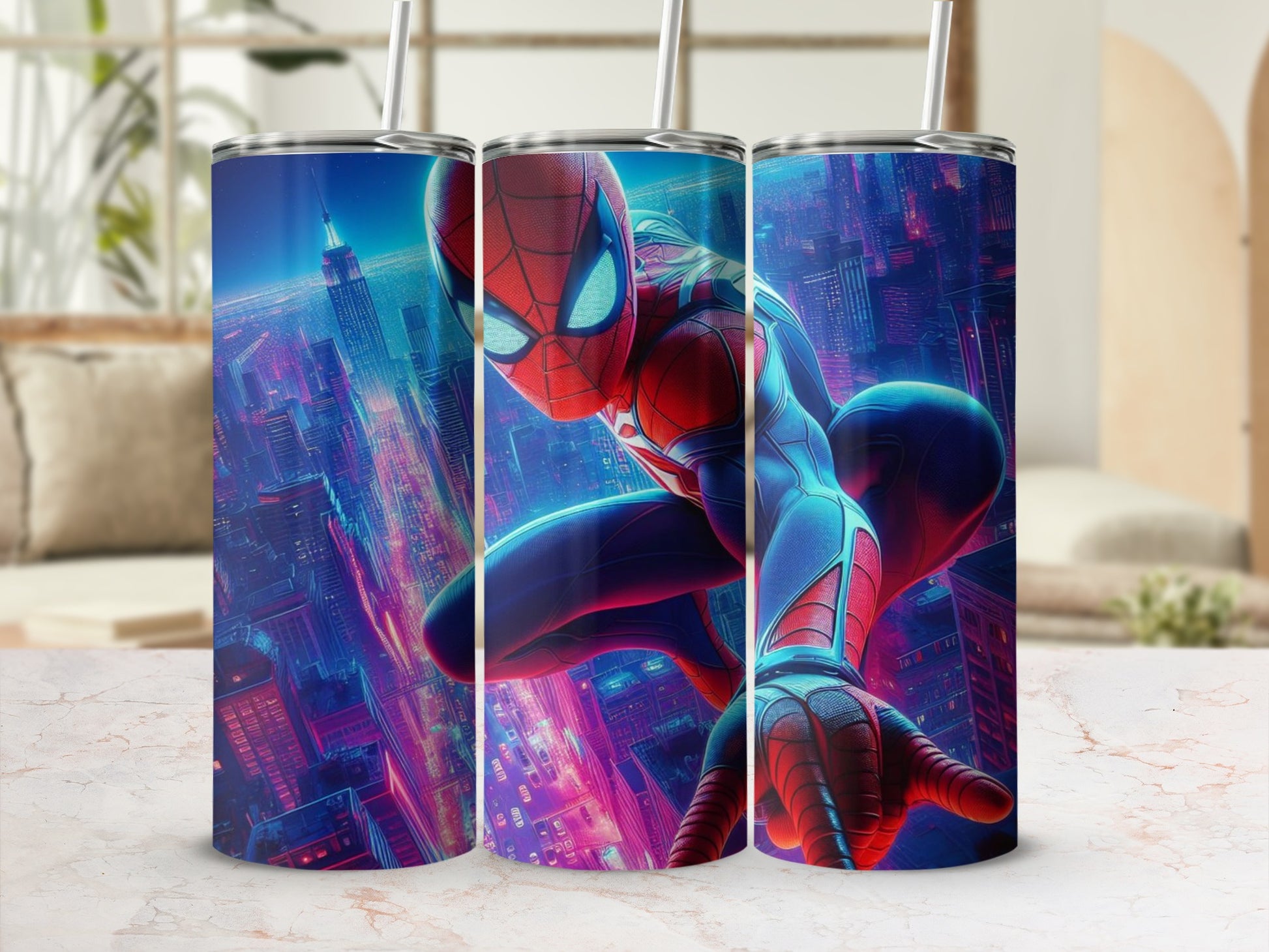 Vibrant Cityscape Spider-Themed Tumbler product