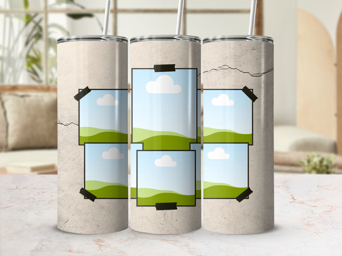 Three tumblers with a distressed concrete texture and taped photo overlays.