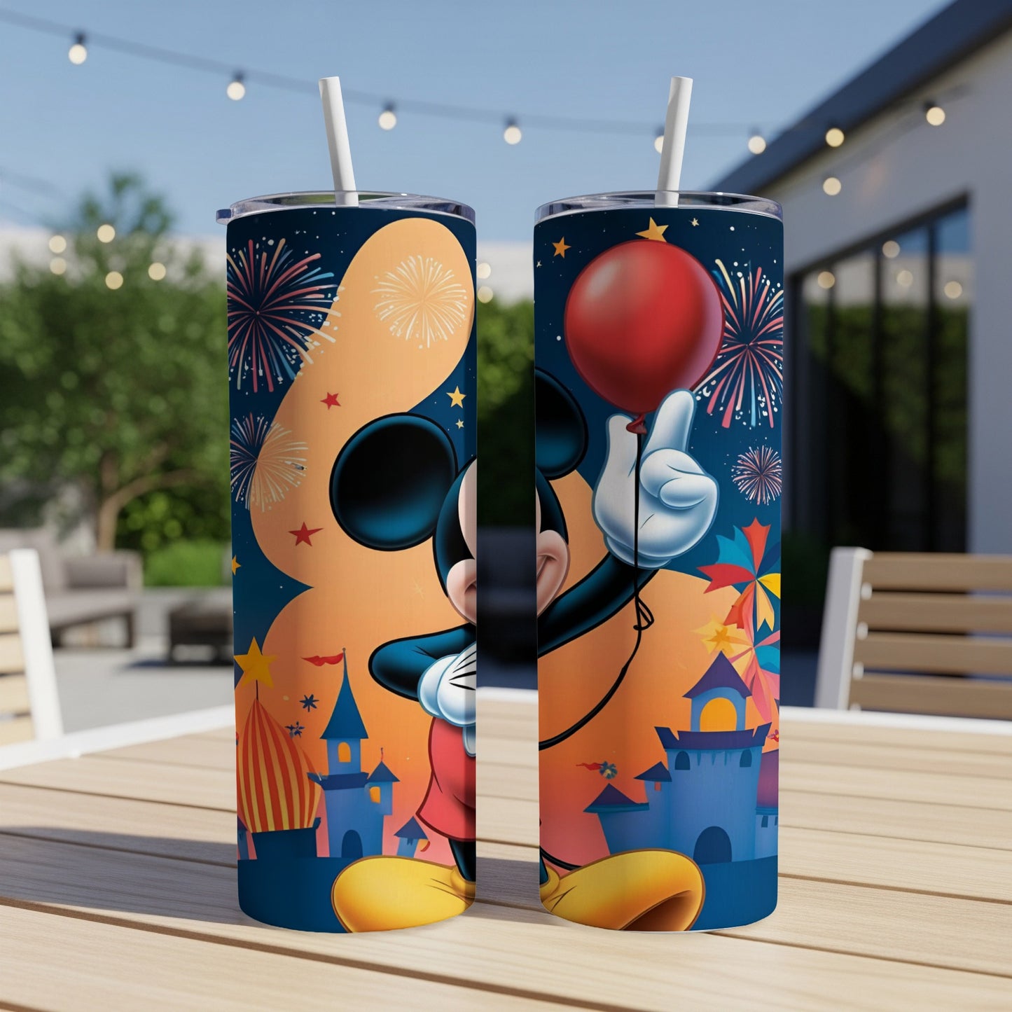 Mickey Mouse holding a red balloon with a castle and fireworks on a tumbler.