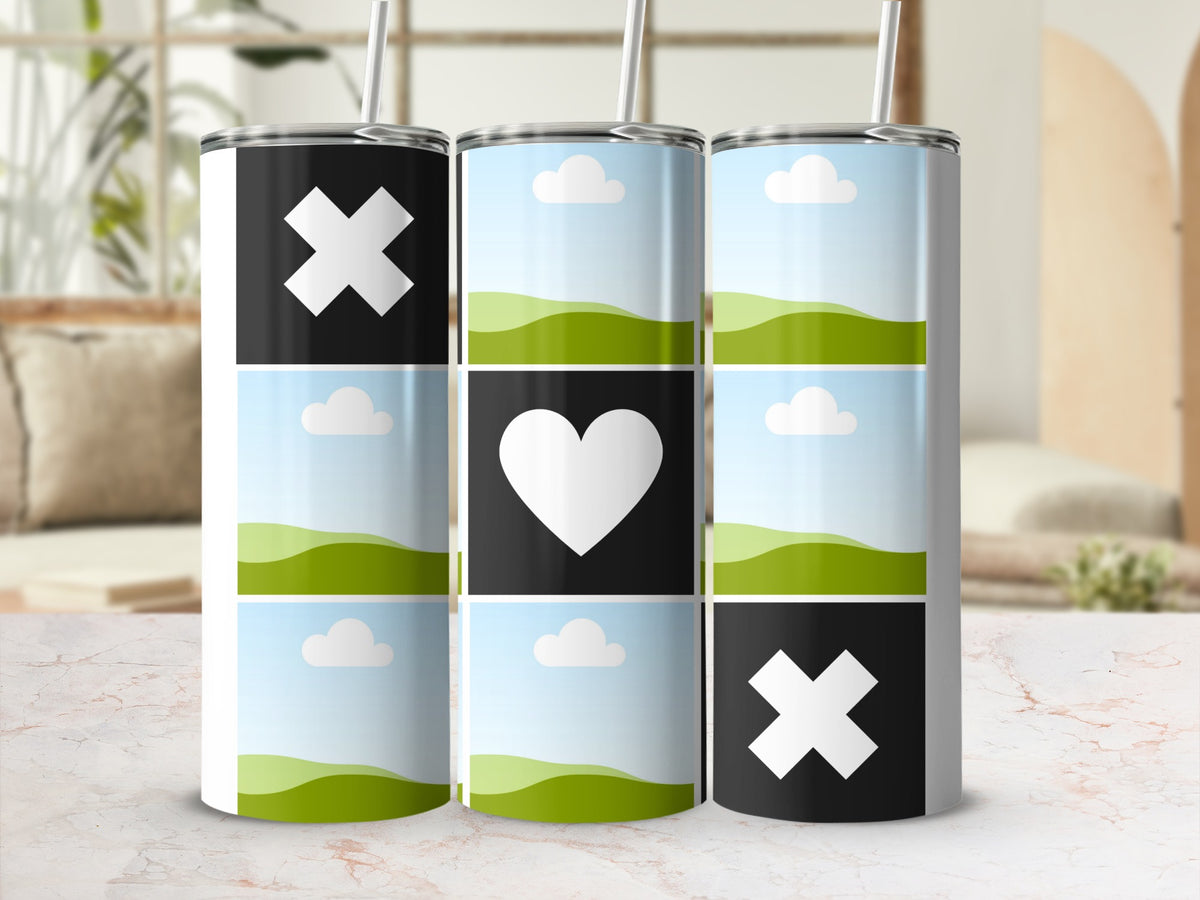 Three tumblers with a tic-tac-toe design and landscape backgrounds.