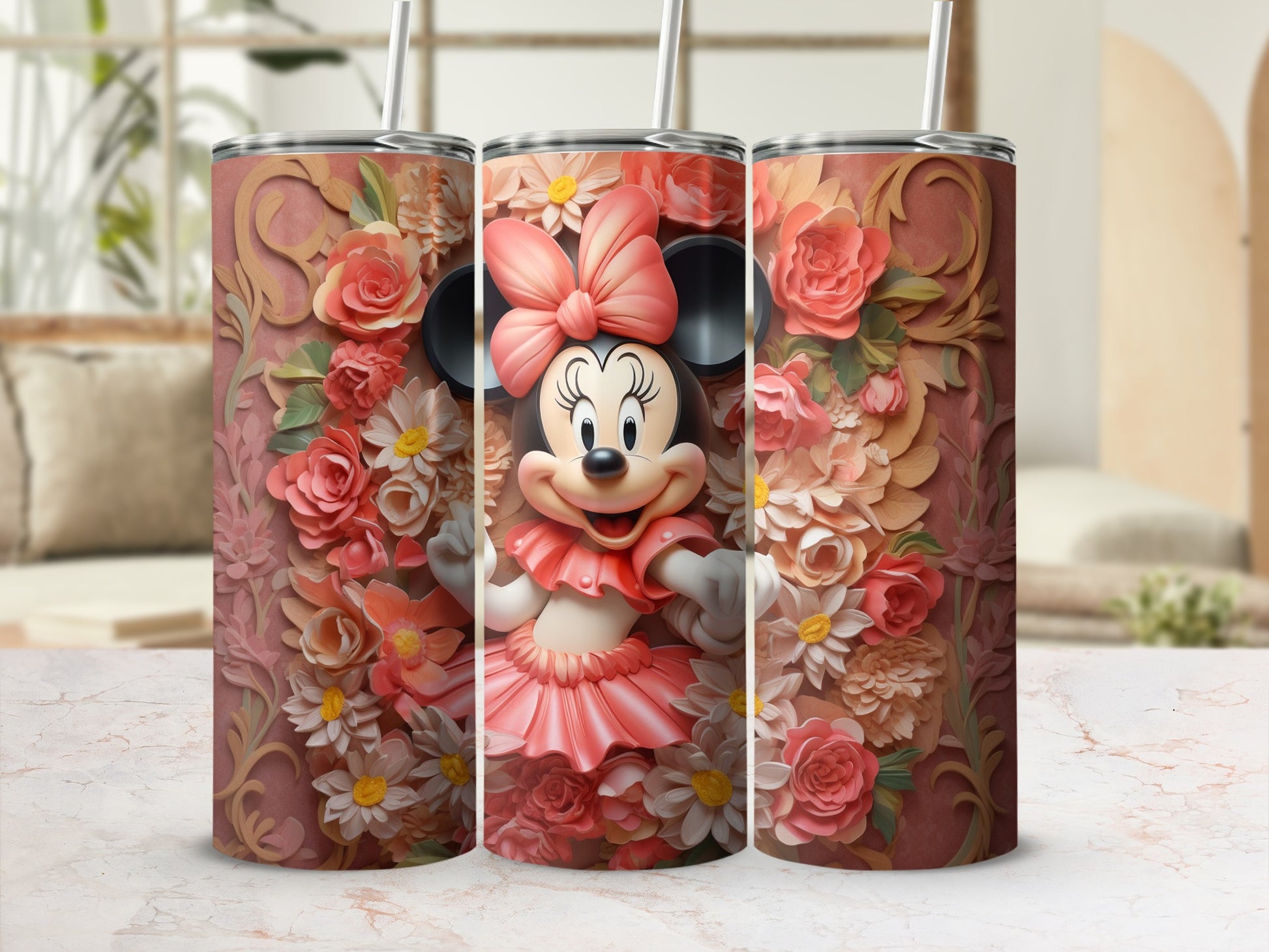 Adorable Minnie Mouse Floral Tumbler with Roses and Daisies