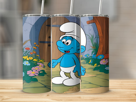 Smurf character standing in a garden with a wooden door in the background.