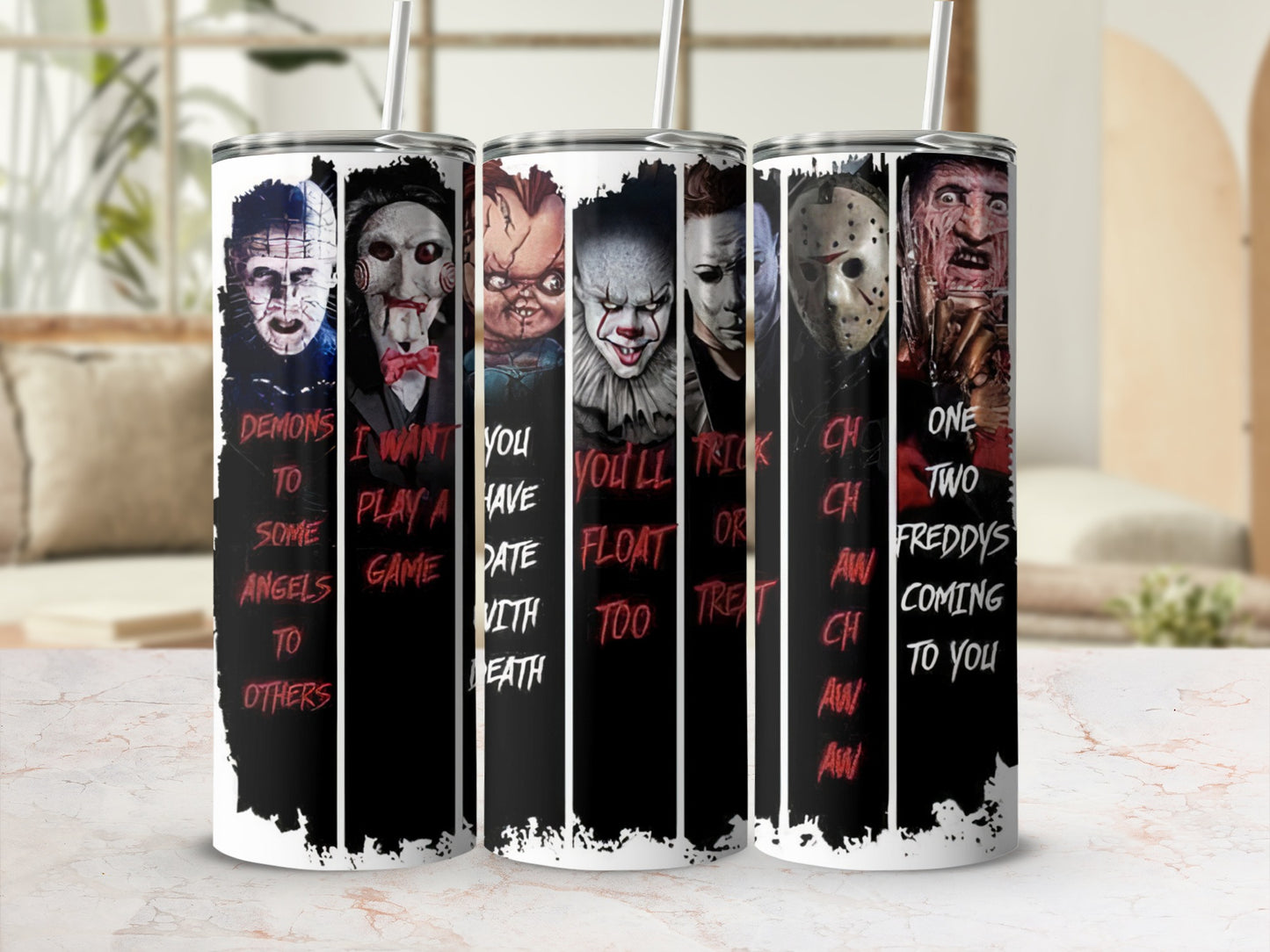 Tumbler featuring horror characters Pinhead, Jigsaw, Chucky, Pennywise, Michael Myers, Freddy Krueger, and Jason Voorhees.