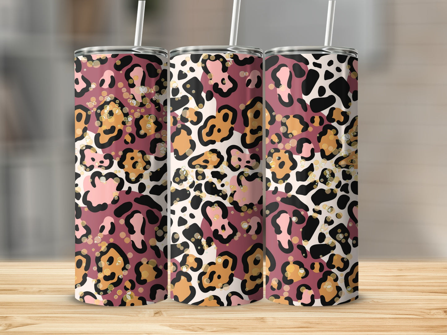 Vibrant Leopard Print Tumblers with Lids and Straws