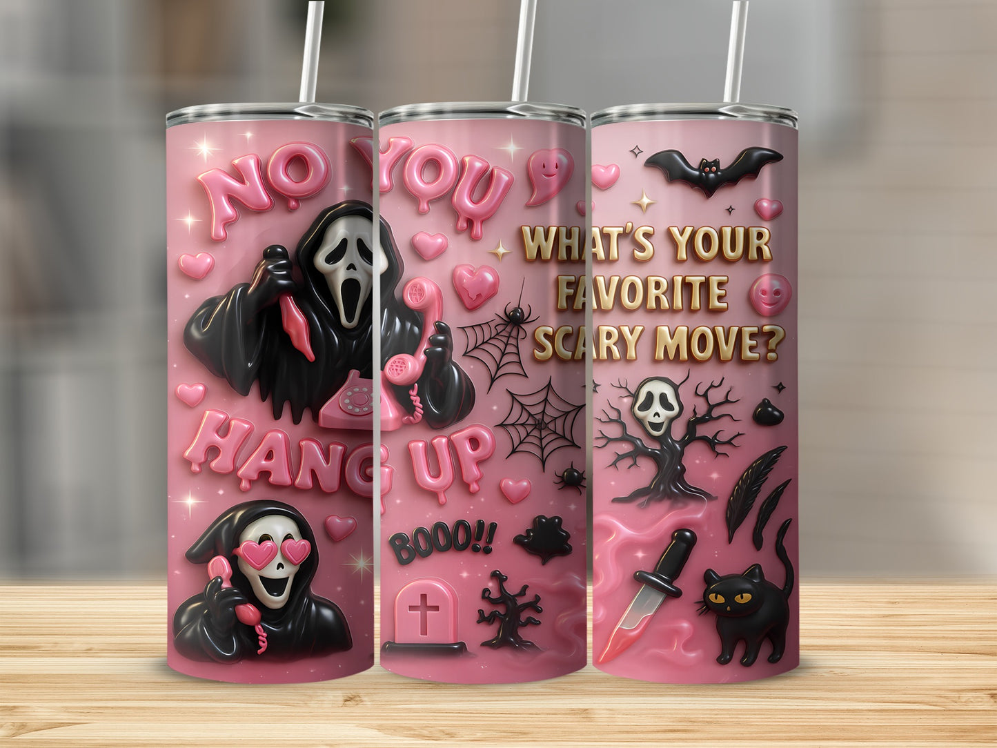 Pink tumbler with ghost face character, bats, and "What's your favorite scary move?".