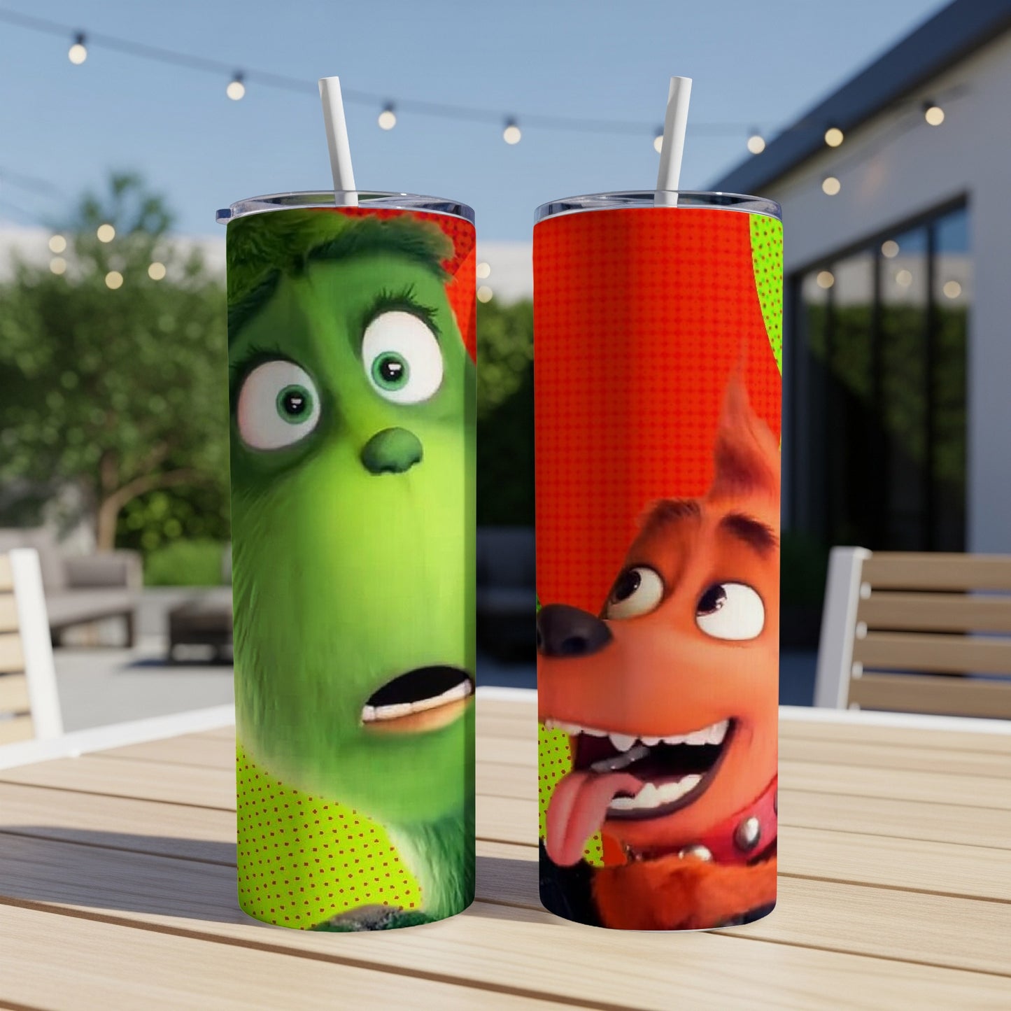 Grinch and Max on tumblers with polka dot and red geometric patterns.