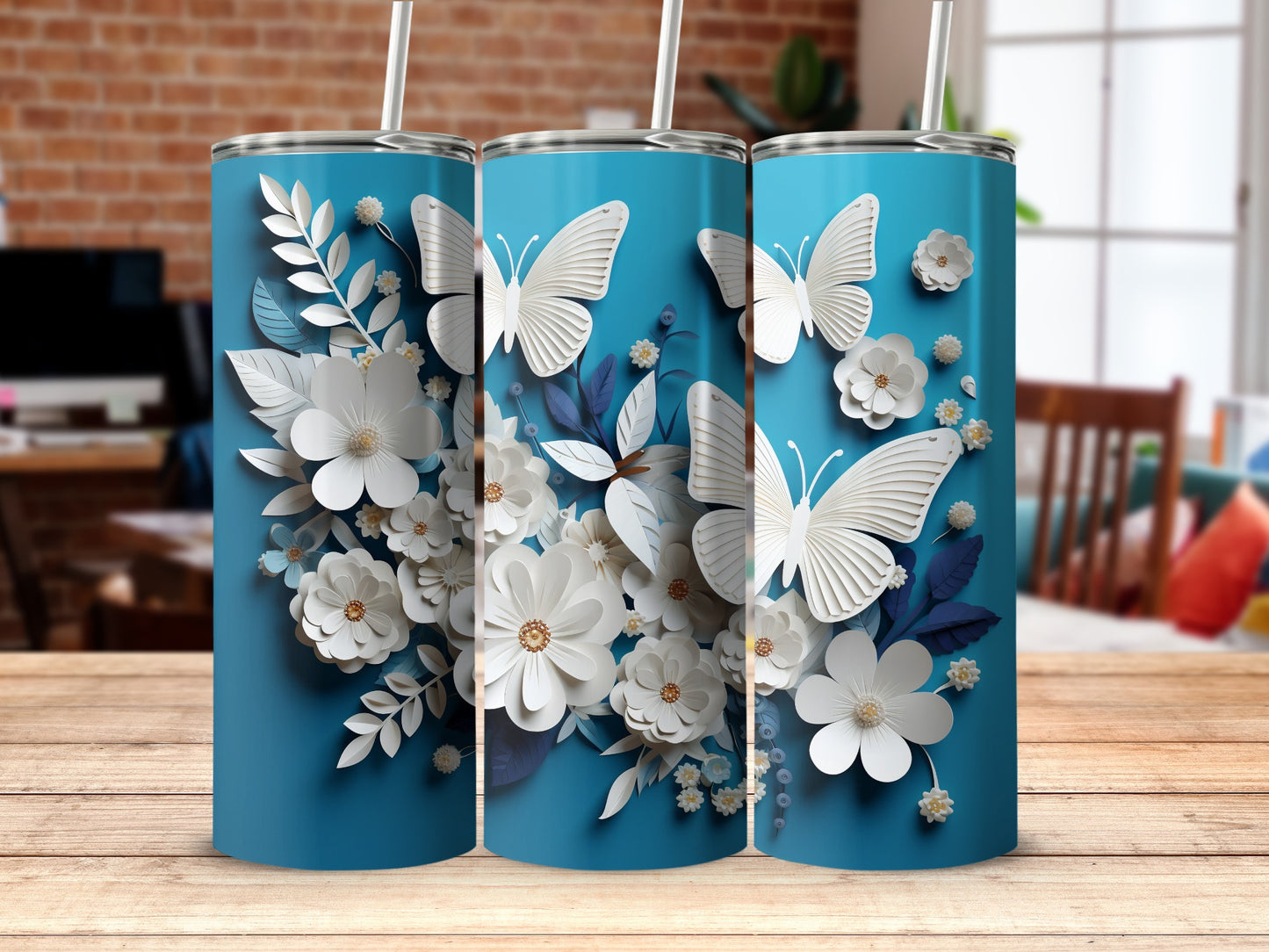 White Butterflies Flowers Teal Background Unique Tumbler product type