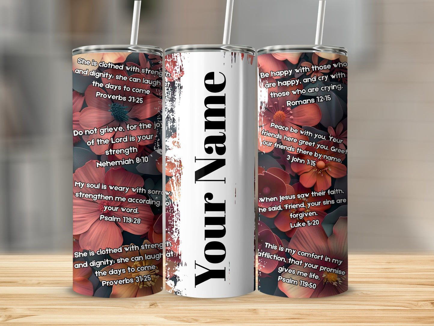 Personalized Floral Scripture Design Tumbler with Straw