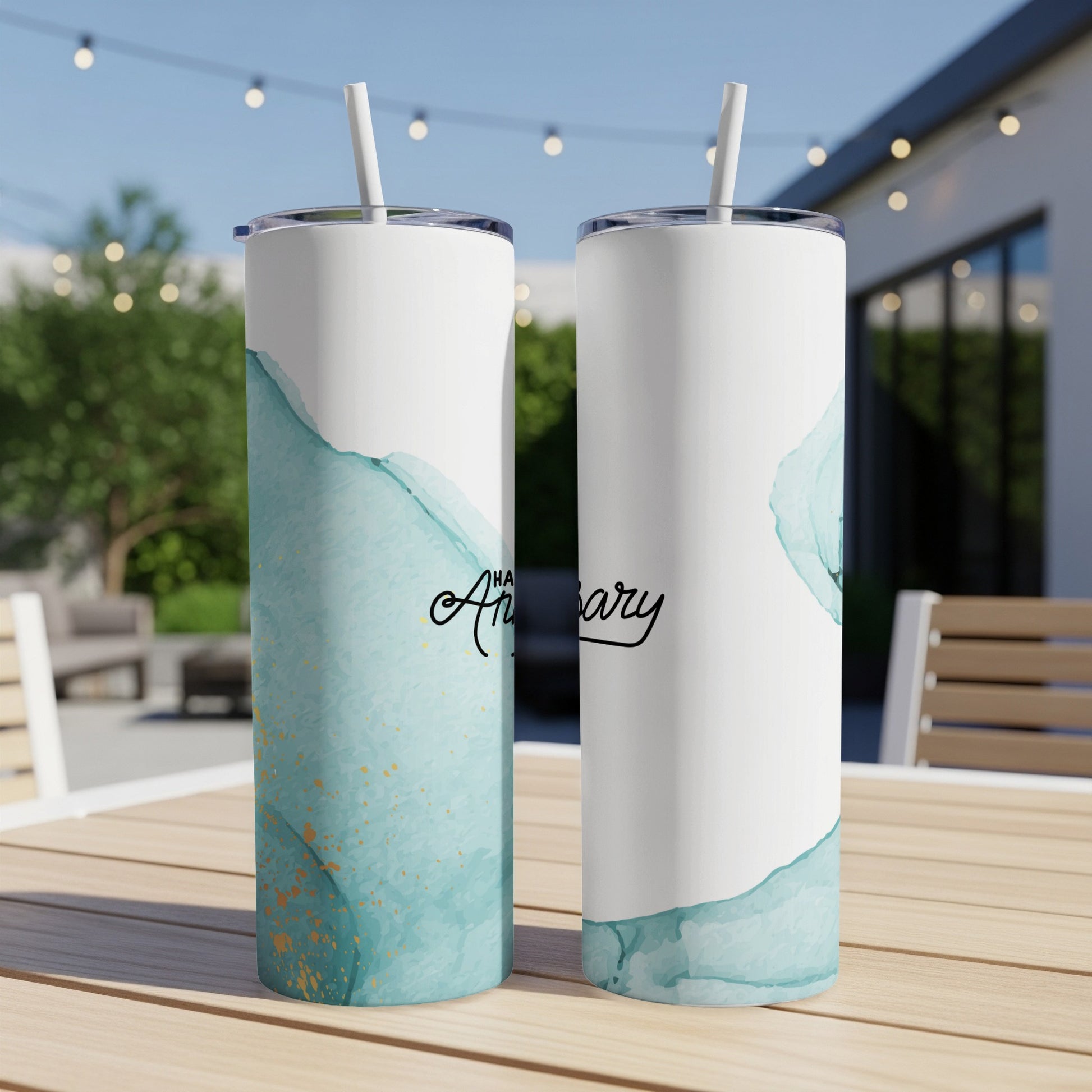 Two tumblers with abstract watercolor design and "Happy Anniversary" text.