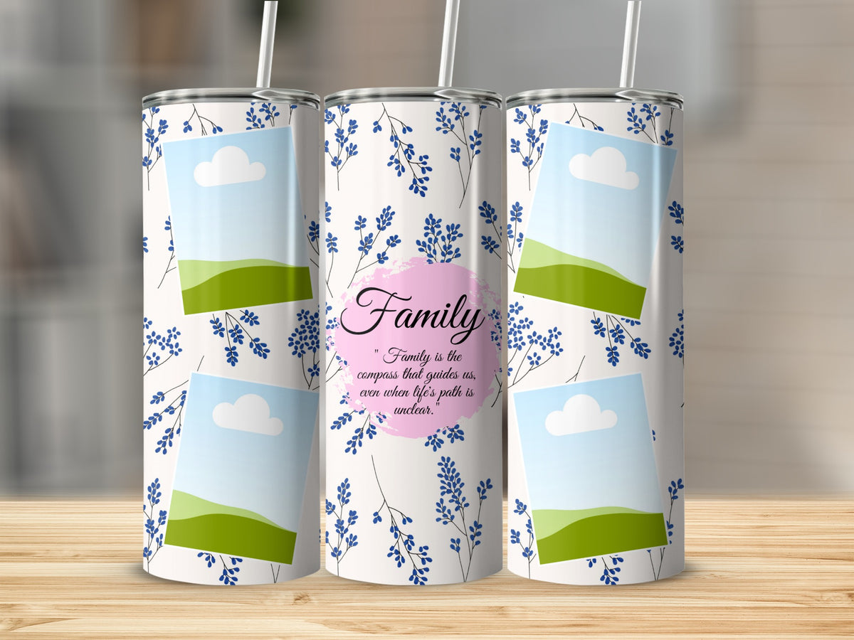 Tumblers with floral print and family quote, featuring placeholder photo frames.