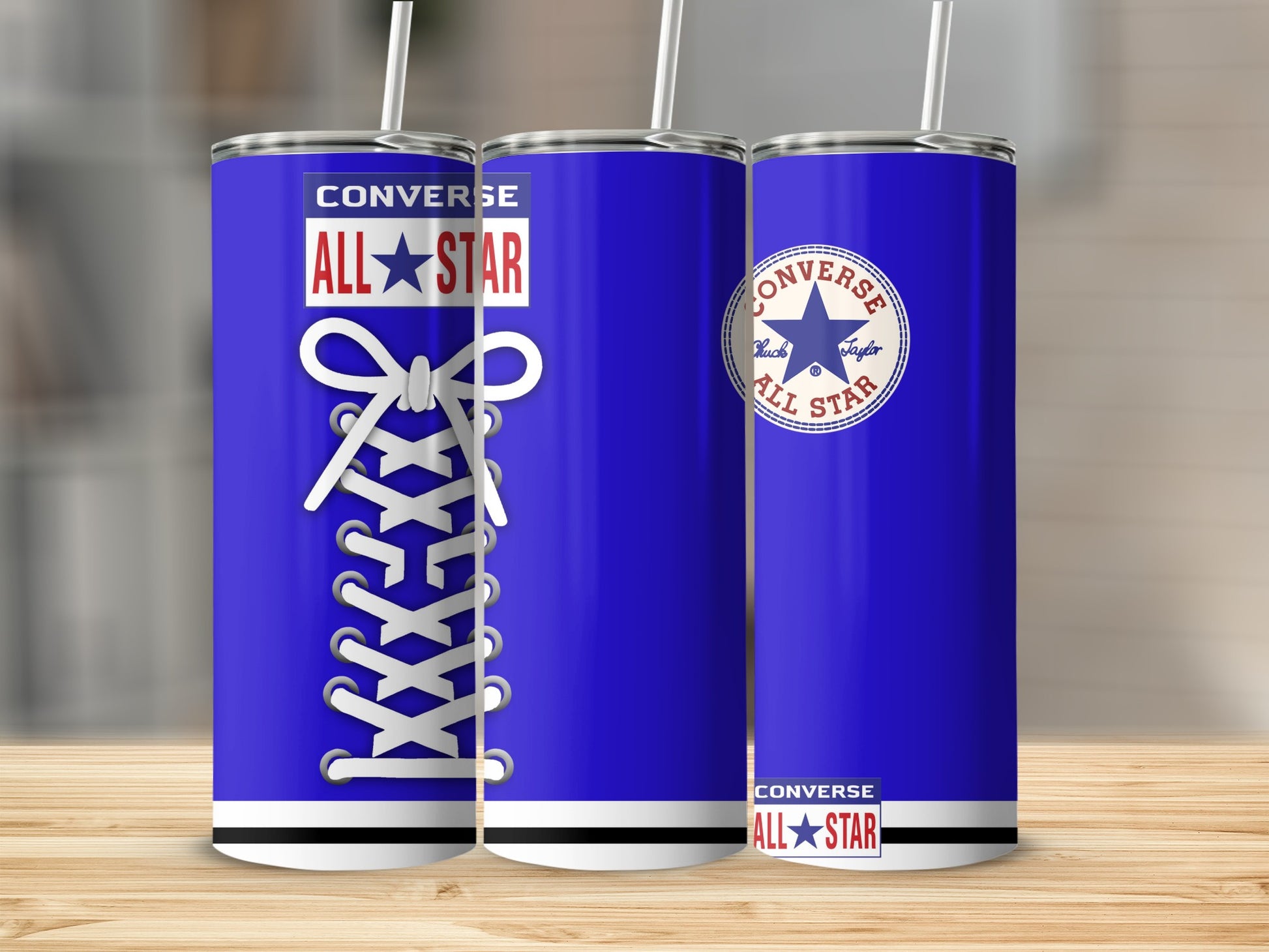 Blue Converse All Star tumbler with white laces and logo.