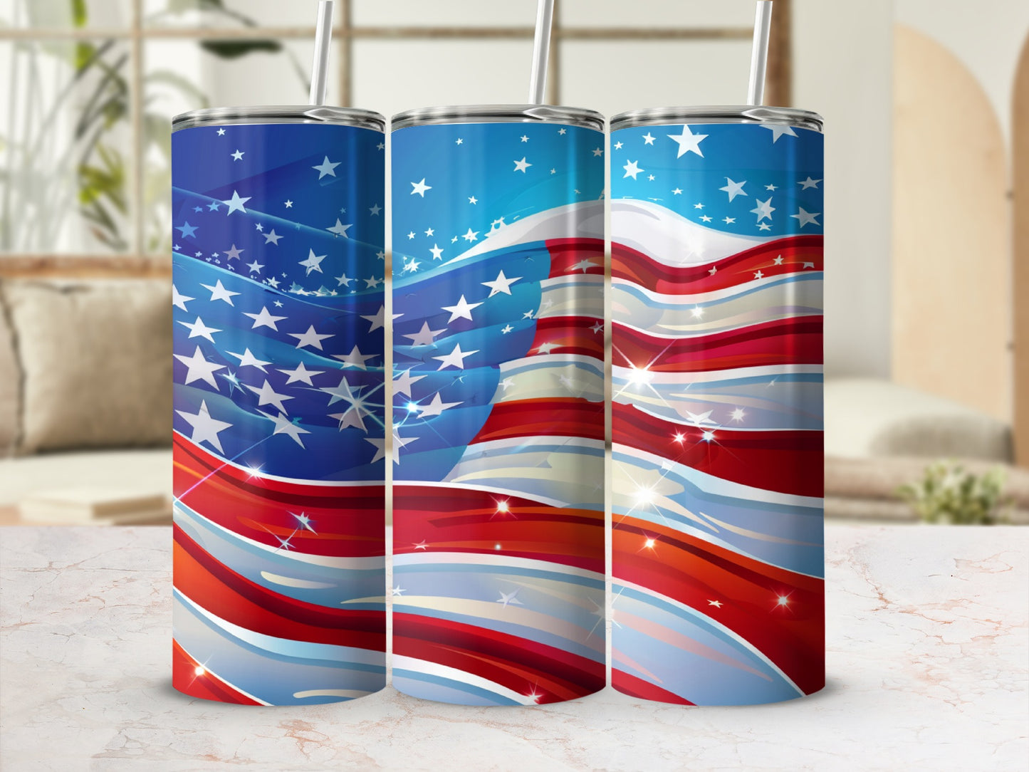 Three tumblers with a swirling American flag design.