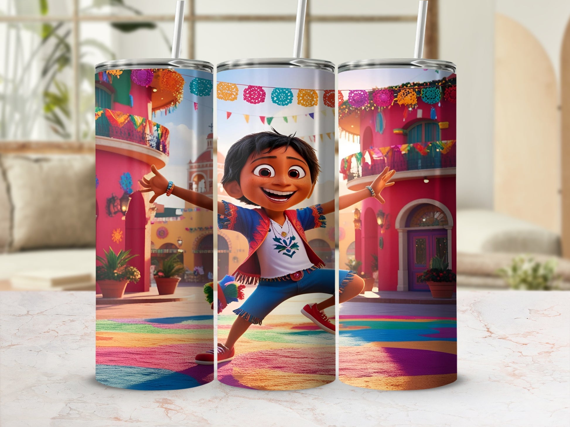 Miguel from Coco dancing in front of colorful buildings with festive banners.