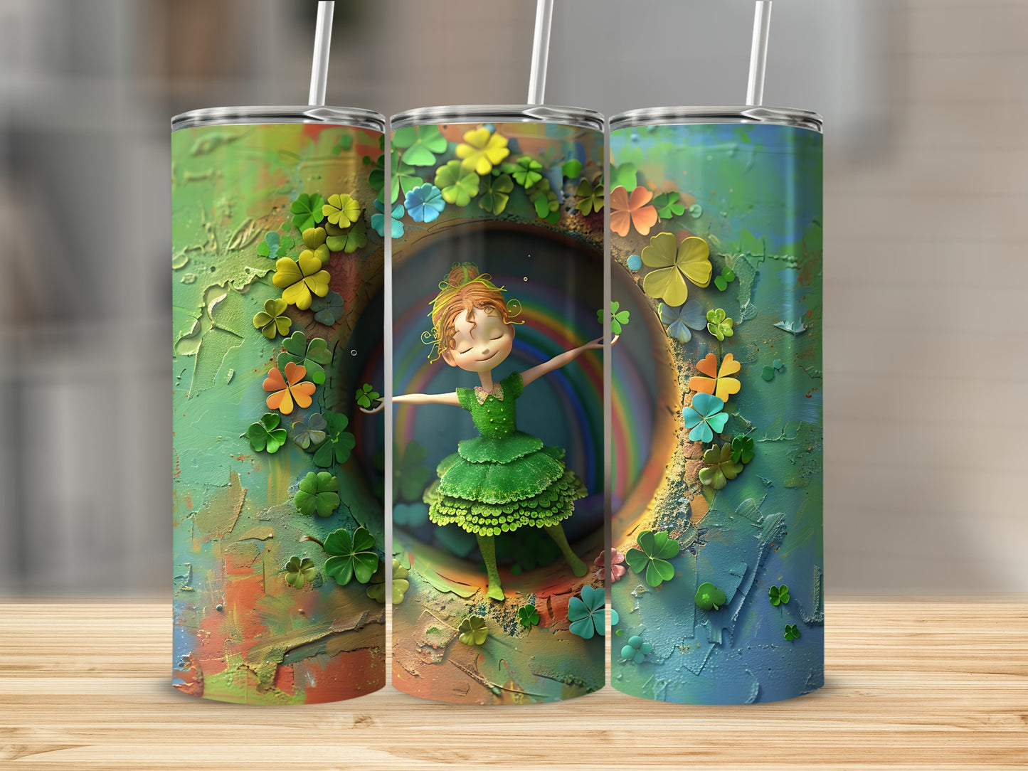 Three tumblers decorated with a dancing girl and shamrocks.