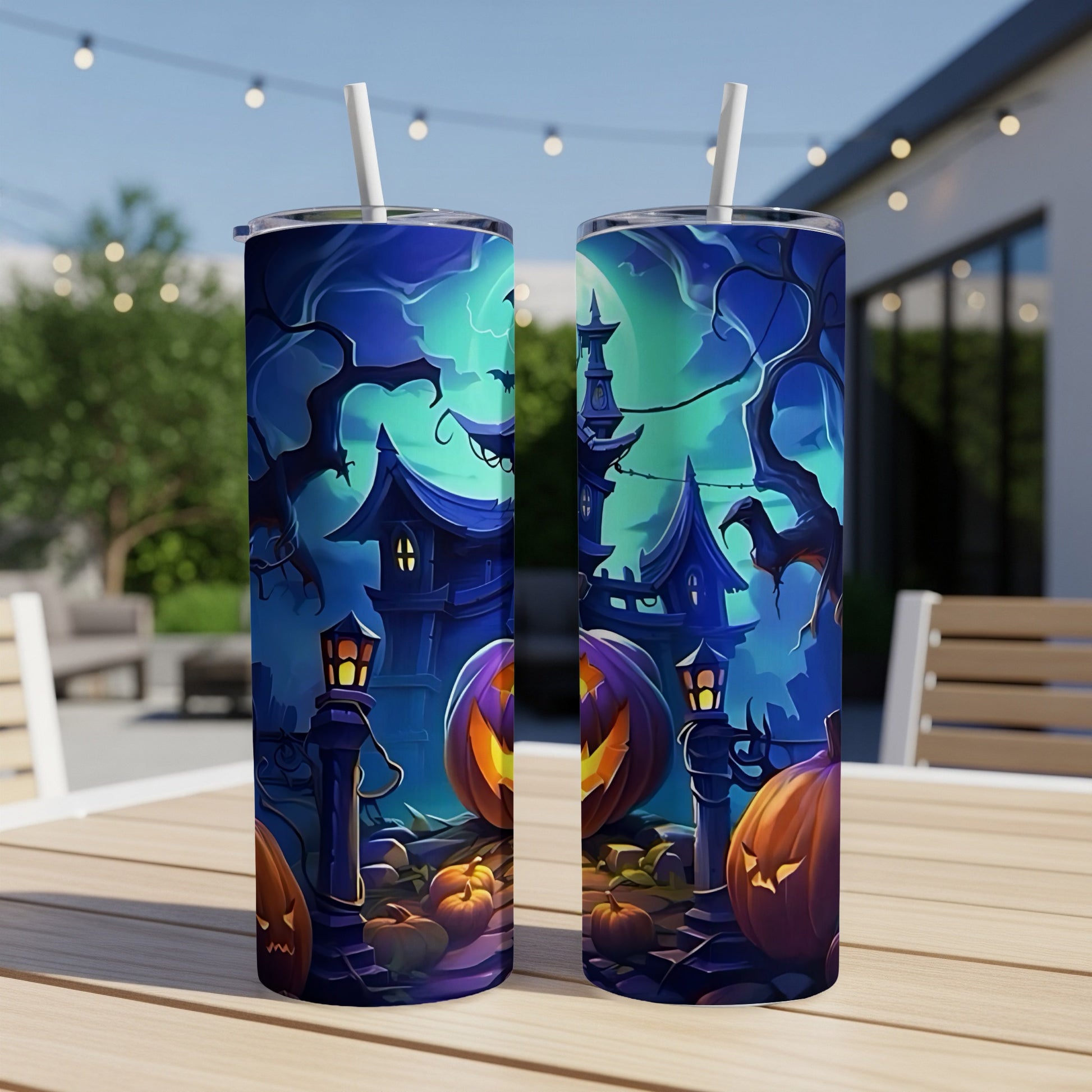 Halloween themed tumblers with haunted houses, pumpkins, and bats.
