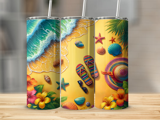 Three tumblers feature tropical beach scenes with flowers, shells, and flip-flops.