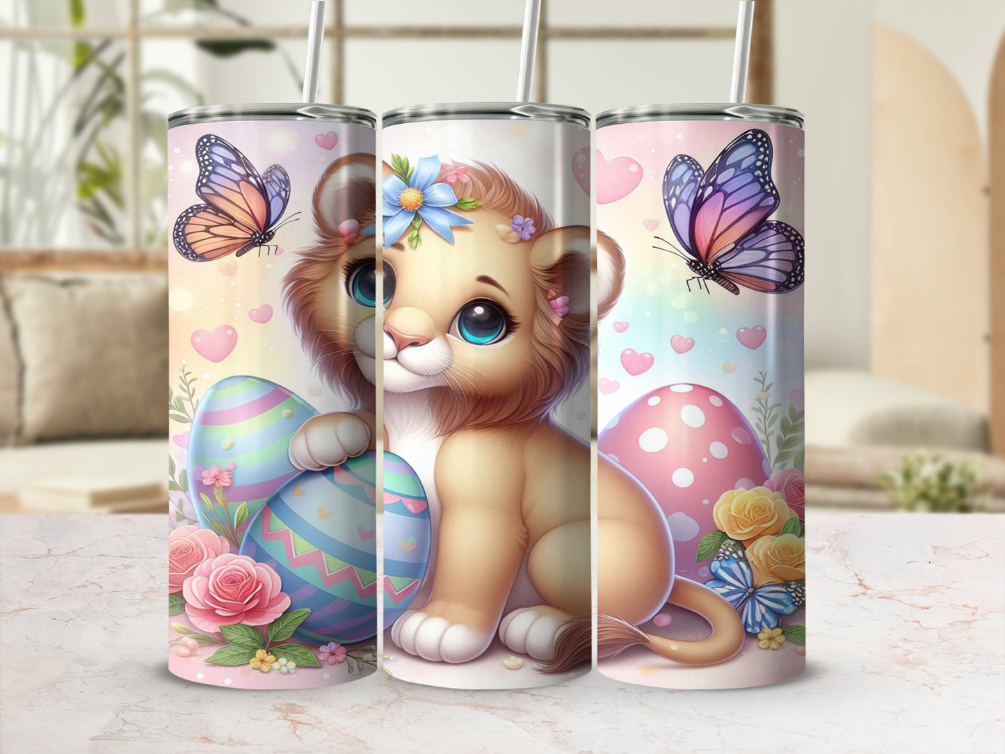Cute lion cub with Easter eggs and butterflies, pastel floral background.