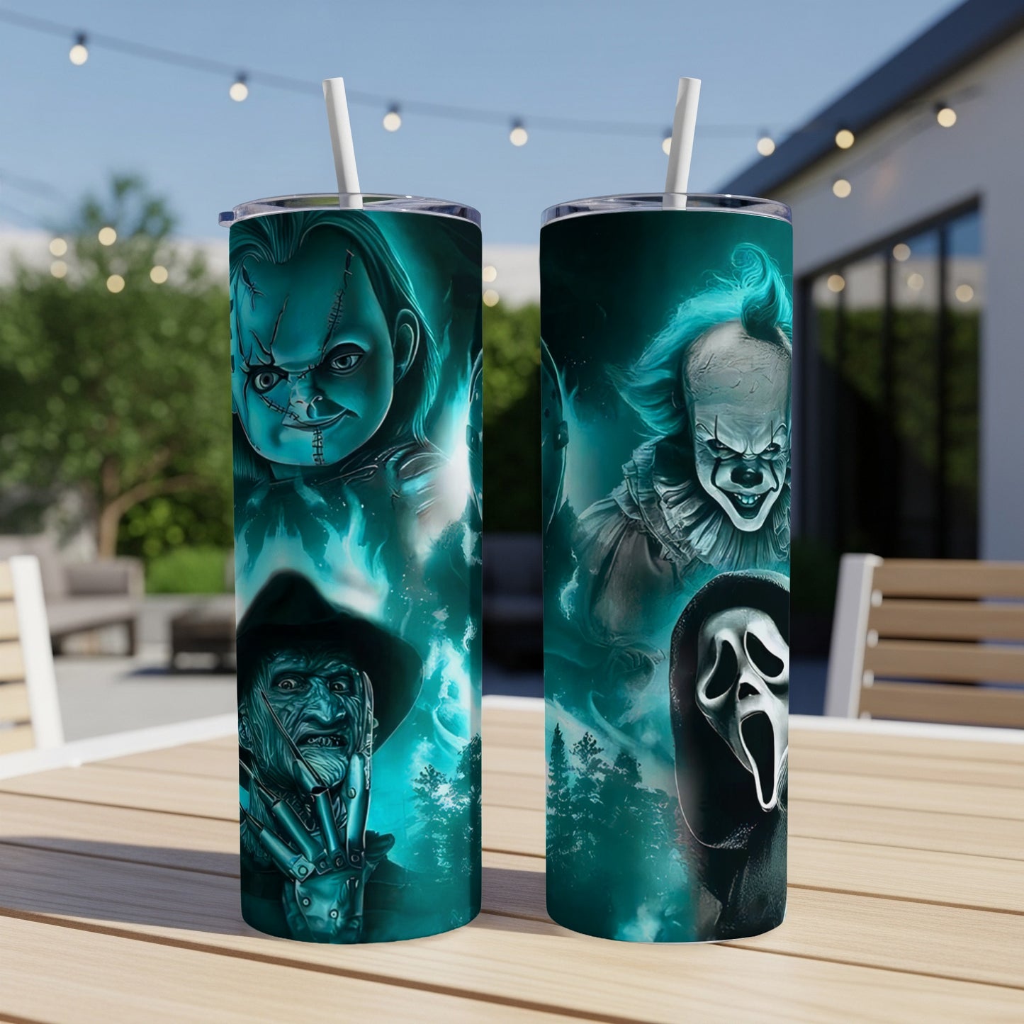 Two tumblers featuring horror characters Chucky, Freddy Krueger, Pennywise, and Ghostface.