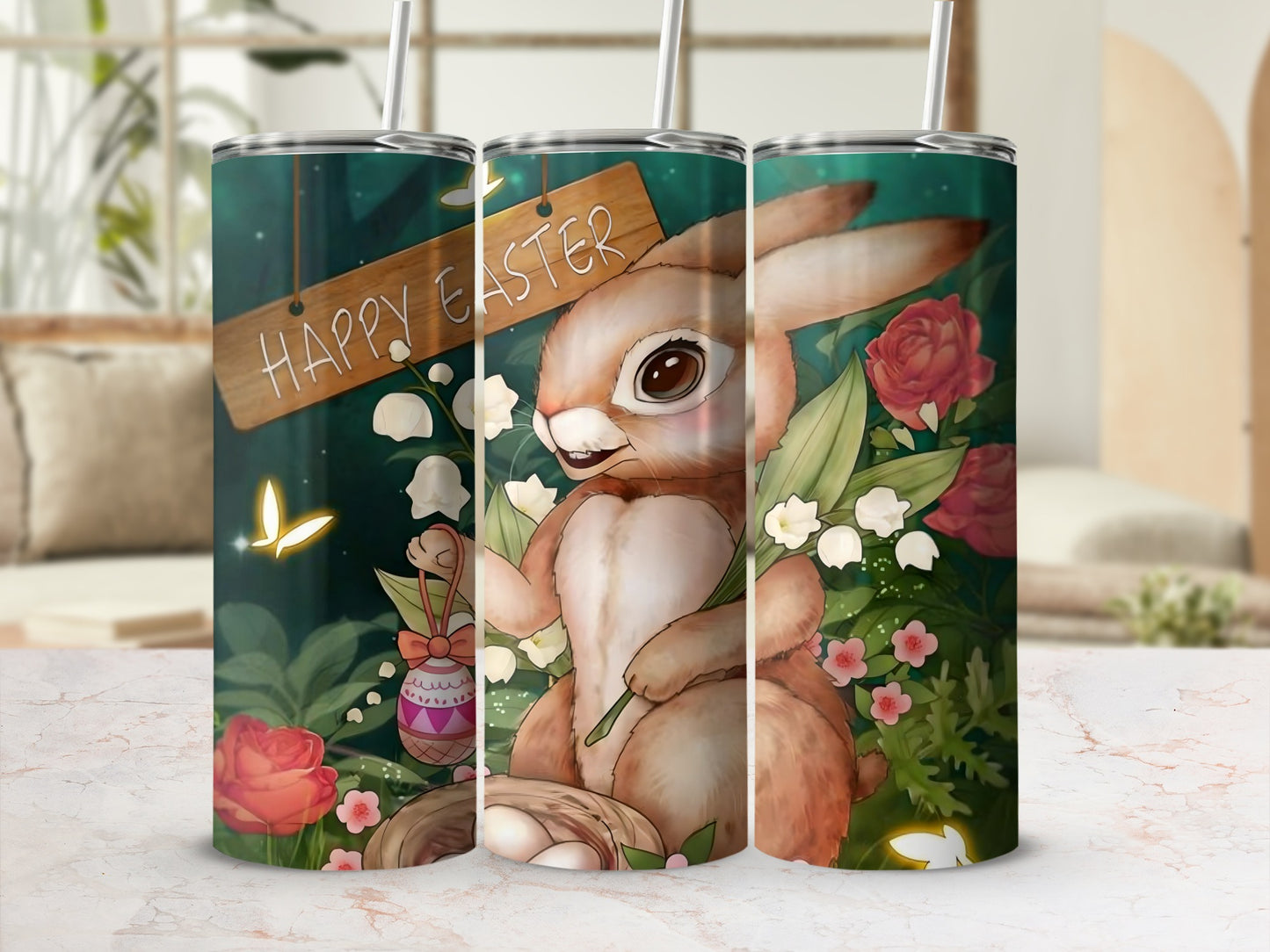 Happy Easter Bunny Floral Steel Tumbler for Beverages
