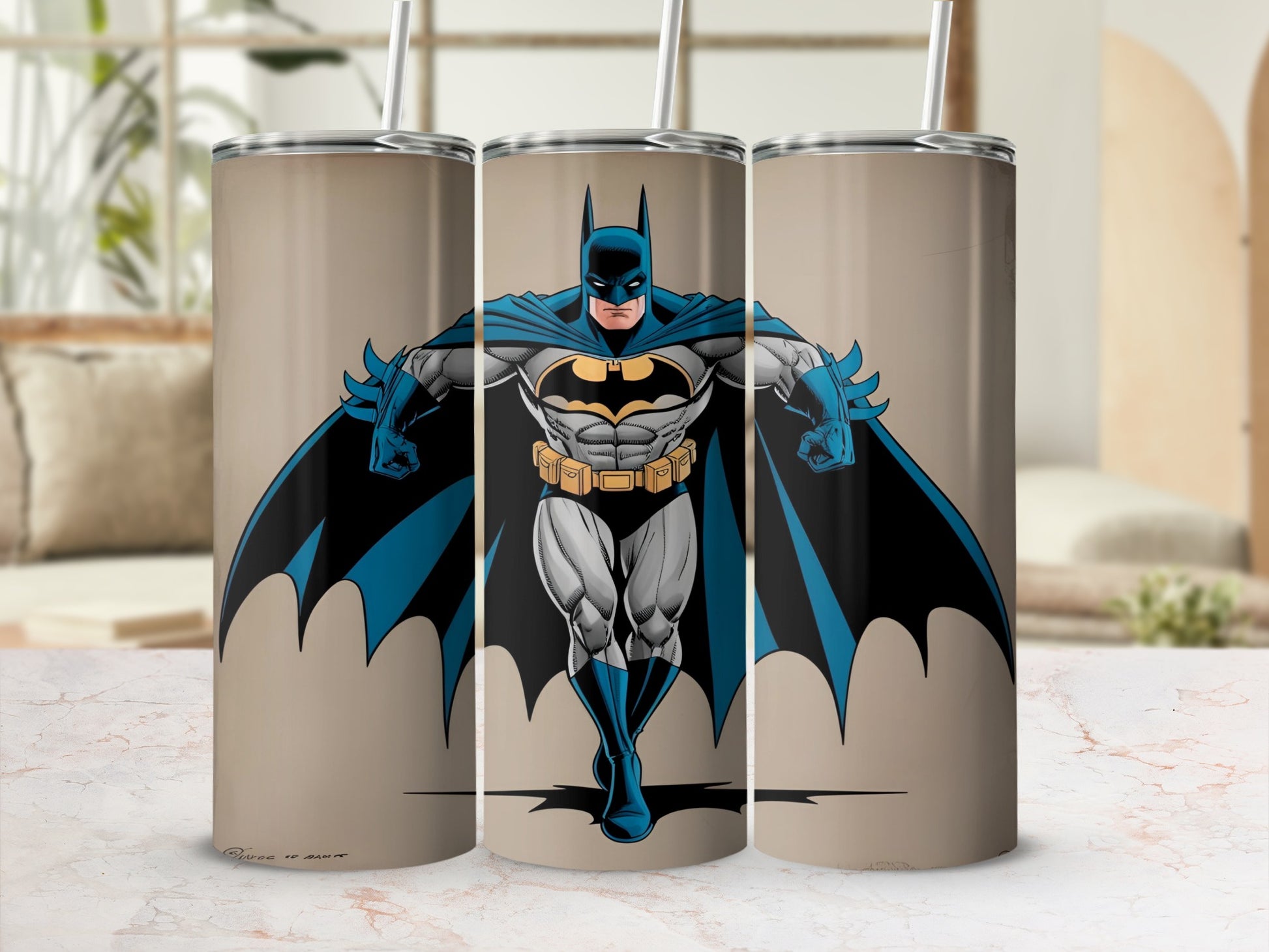 Batman superhero illustration on a tan background.