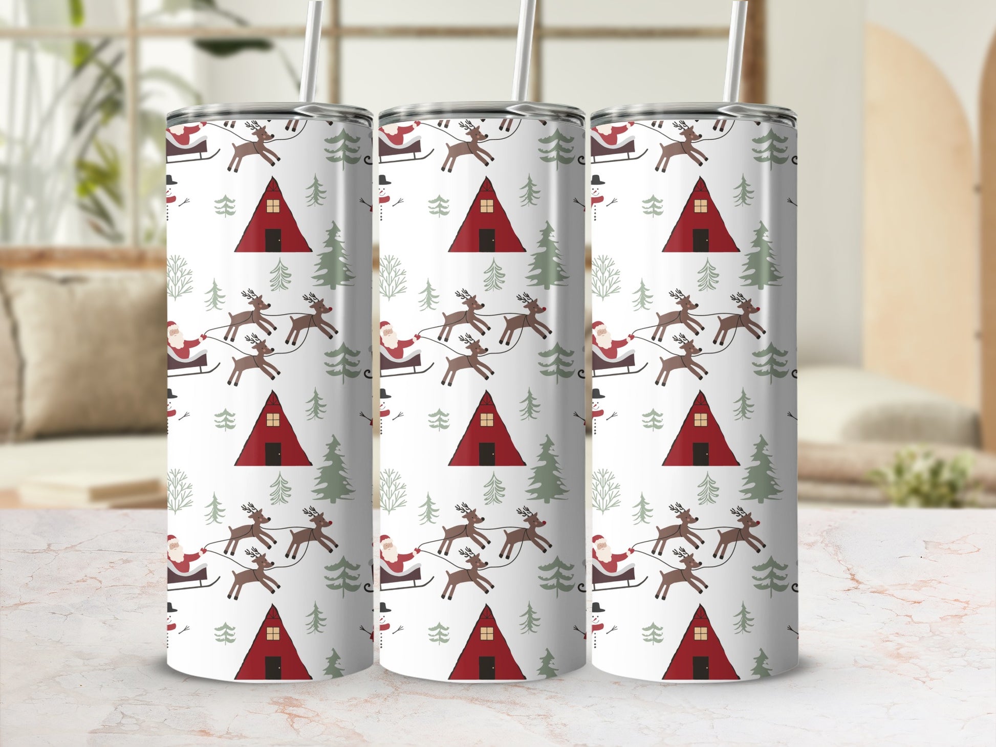 Christmas tumbler with Santa's sleigh, trees, and snowmen design.