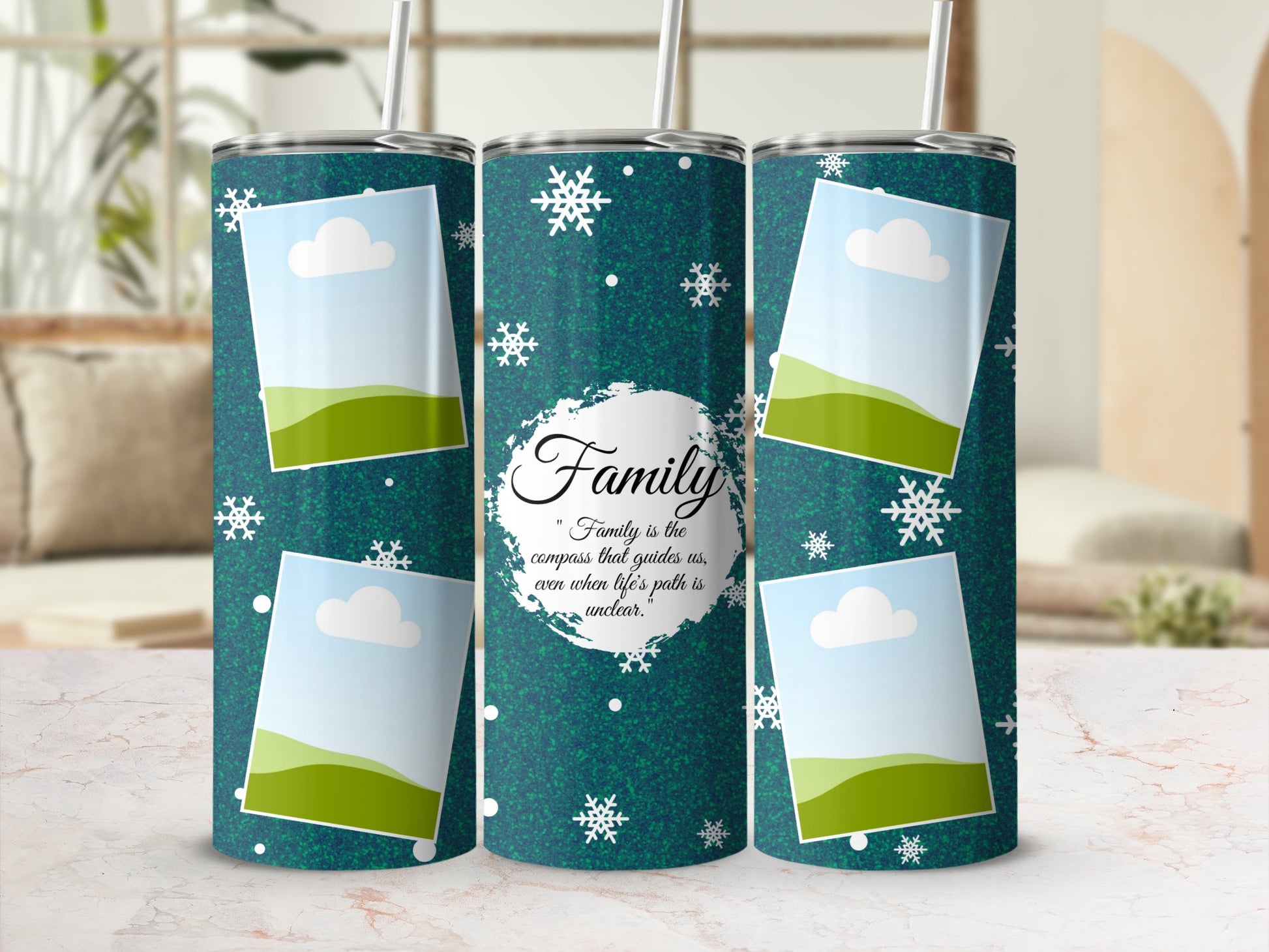 Green tumbler with snowflakes, empty photo frames, and "Family" quote.