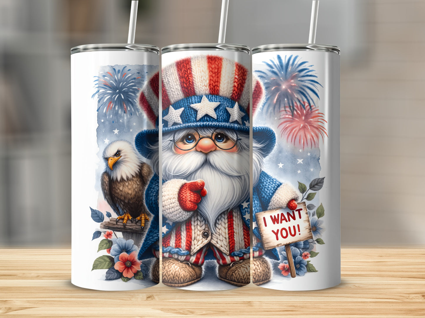 Uncle Sam gnome with eagle and fireworks, holding "I WANT YOU!" sign.