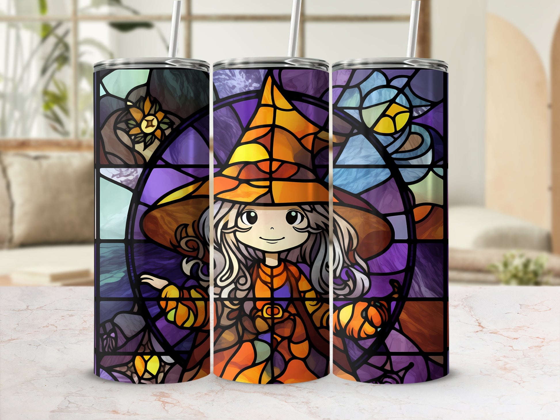 Stained glass tumbler with a cute witch wearing an orange hat.